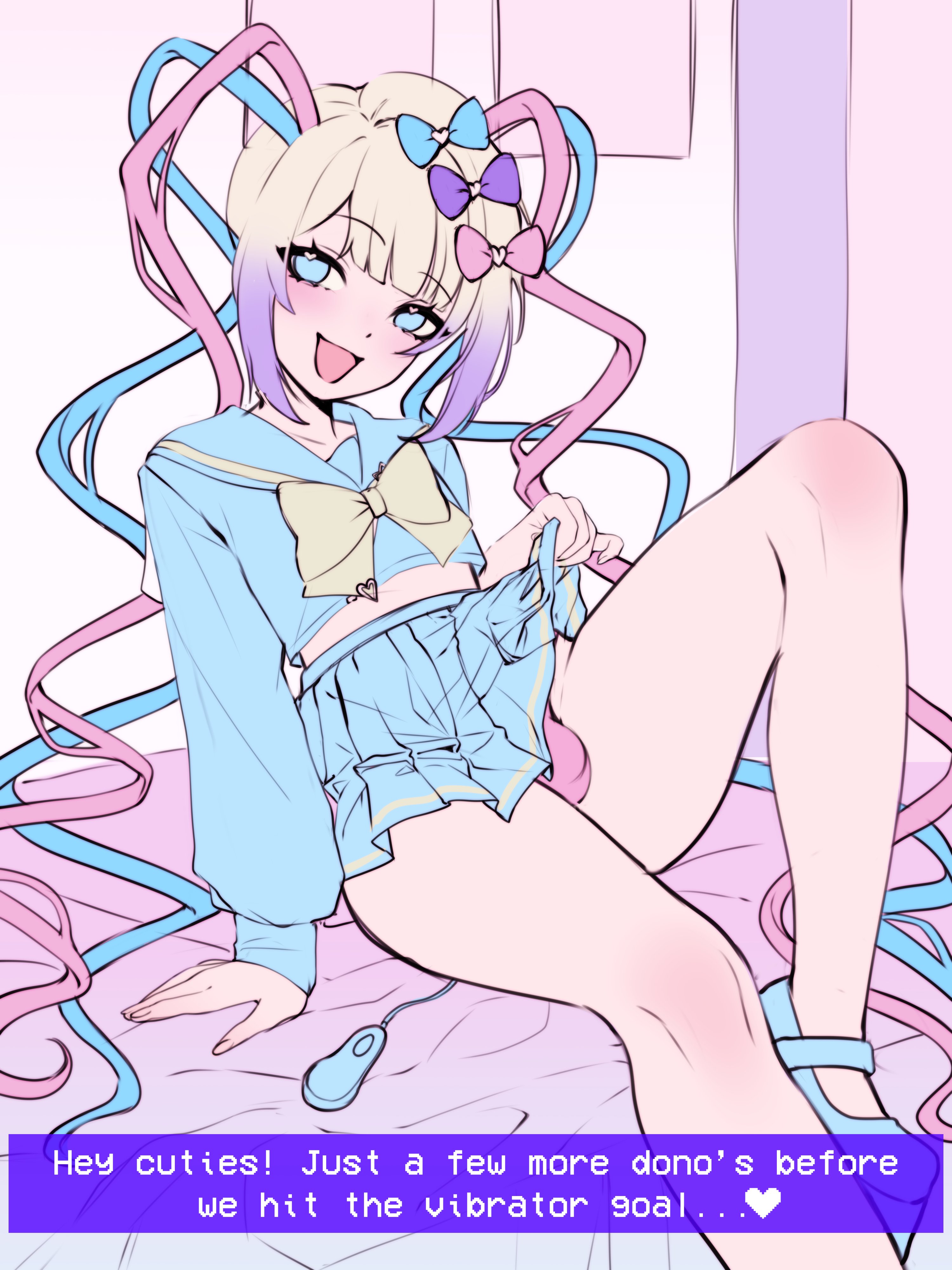 ai generated, bed sheet, bedroom, blonde hair, blue eyes, bullet vibrator, chouzetsusaikawa tenshi-chan, crossdressing, female, femboy, femboy only, genderswap (ftm), girly, gomi-cake, kangel, male, male only, needy girl overdose, needy streamer overload, pale skin, rule 63, school uniform, text box, trap, twintails, vibrator, vibrator in ass, yaoi