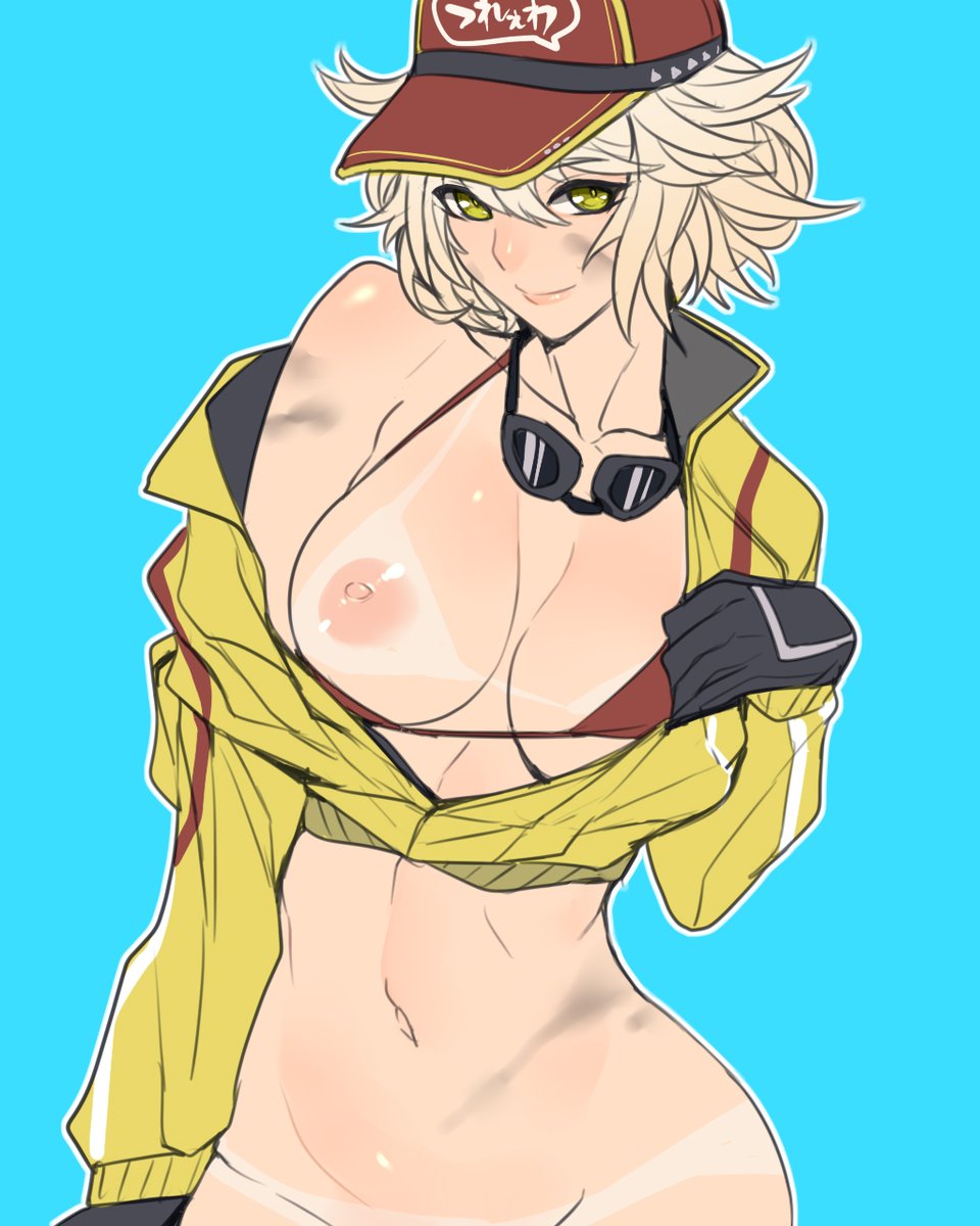 1girls, ban, belly, black gloves, blonde, blonde hair, breasts, cindy aurum, cleavage, covered breasts, covered nipples, dirty, erect nipples, female, female only, final fantasy, final fantasy xv, glasses, gloves, goggles, goggles around neck, green eyes, hat, high resolution, hips, hourglass figure, jacket, large breasts, mechanic, navel, nipple bulge, nipples, short hair, solo, tomboy, unzipped