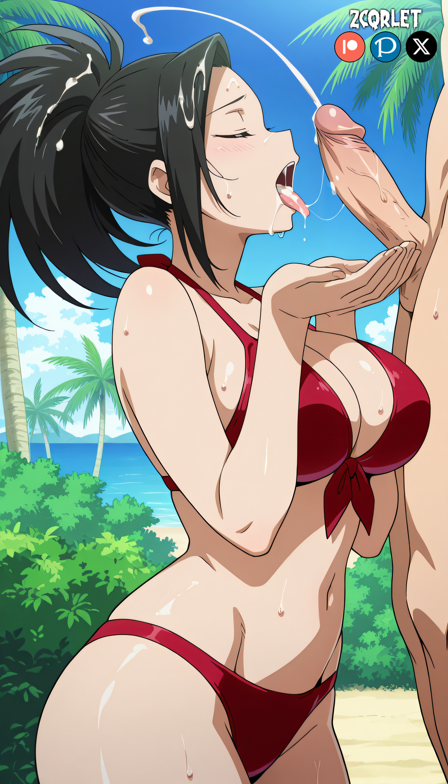 1boy, 1girls, ai generated, anonymous male, beach, big breasts, bikini, bikini bottom, bikini top, black hair, black-haired female, boku no hero academia, breasts, cleavage, closed eyes, cum in hair, cum in mouth, cum on face, day, daytime, female, fit, fit female, hero, heroine, highres, hourglass figure, long hair, male, male/female, momo yaoyorozu, my hero academia, outdoor, outdoor sex, palms, red bikini, tongue out, yaoyorozu momo