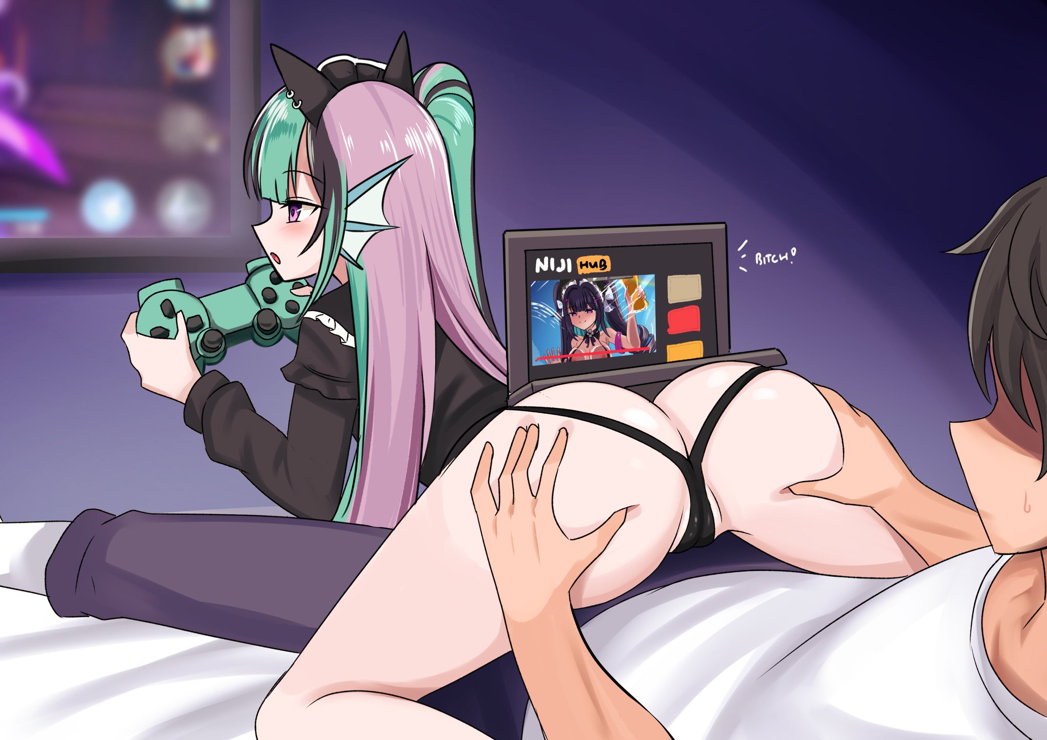 1boy, 1girls, ass, ass focus, back view, behind view, big ass, big butt, black panties, butt, butt focus, controller, enna alouette, female, finana ryugu, gaming, grabbing ass, grabbing butt, grabbing from behind, green hair, hands on ass, hands on butt, head fins, headband, headwear, hi res, highres, laptop, light blush, light skin, light-skinned female, light-skinned male, male, nijihub, nijisanji, nijisanji en, no panties, purple eyes, purple hair, round ass, round butt, side ponytail, two-tone hair, viewed from behind, virtual youtuber, watching porn, xanadu avici, xanaduavici