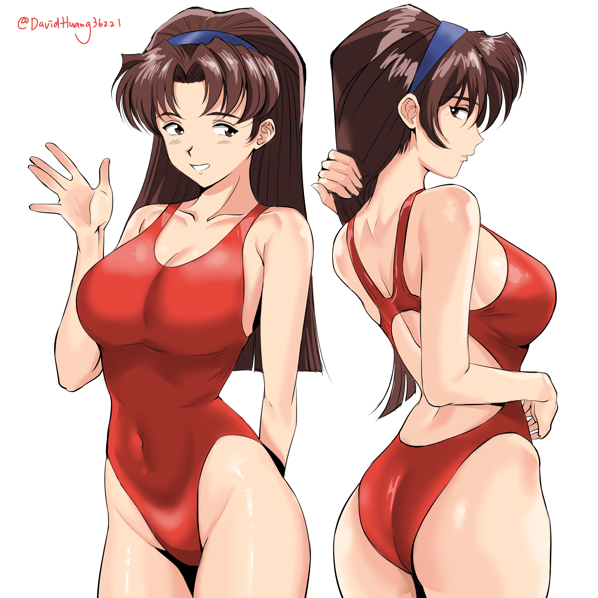 1girls, ass, big breasts, breasts, brown eyes, brown hair, davidhuang36221, female, female only, golden boy, hair, hips, long hair, multiple views, naoko katsuda, one-piece swimsuit, red swimsuit, side view, sideboob, smile, solo, solo female, swimsuit, swimwear, thighs, white background, wide hips