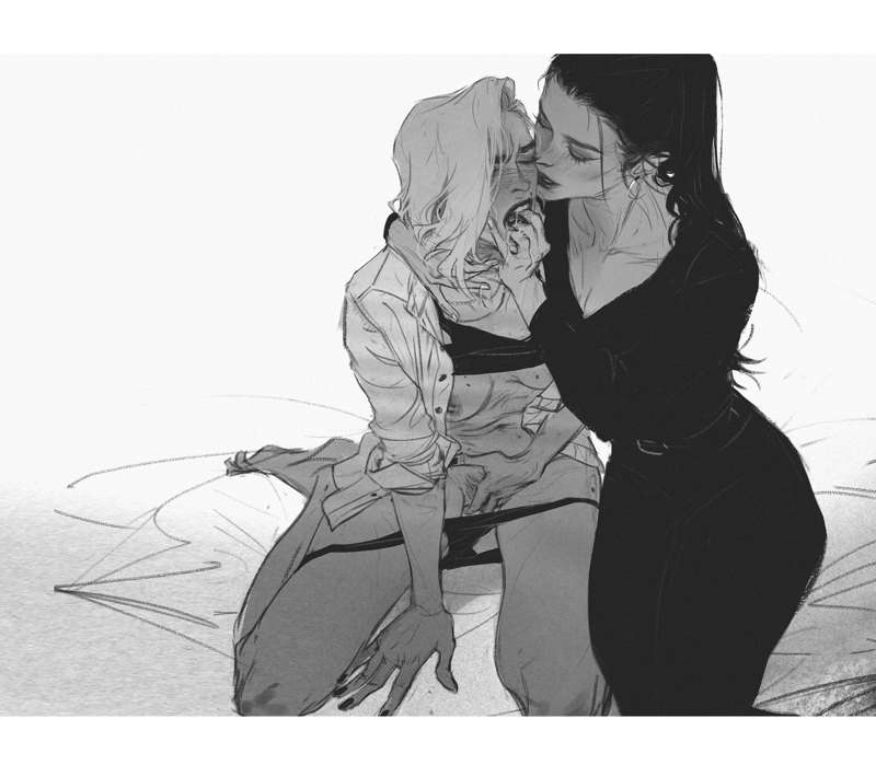 2girls, ashe (overwatch), black and white, blush, efferwescent, female, female focus, female masturbation, female only, female torso, finger in mouth, fingering, lowres, monochrome, overwatch, partially clothed, small breasts, widowmaker, yuri