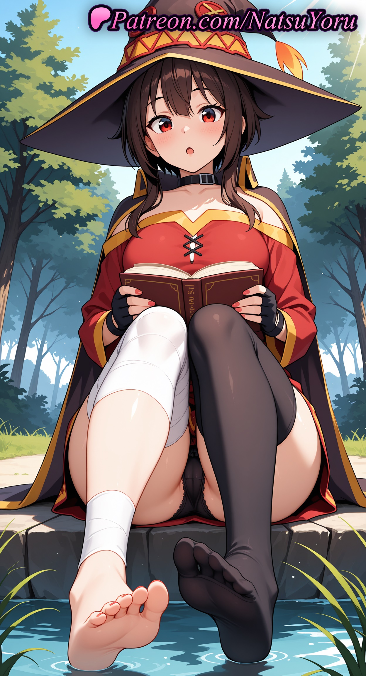 1girls, 2025, ai generated, anus, ass, bare shoulders, barefoot, black choker, black panties, blush, breasts, cameltoe, cape, choker, clitoris, collarbone, dress, feet, female, foot fetish, foot focus, gloves, hi res, highres, holding, kono subarashii sekai ni shukufuku wo!, legs, looking at viewer, megumin, natsuyoru, oshiri, panties, pantsu, patreon, pussy, sitting, small breasts, soles, solo, thighhighs, thighs, toes, underwear, vagina, voluptuous, voluptuous female, vulva