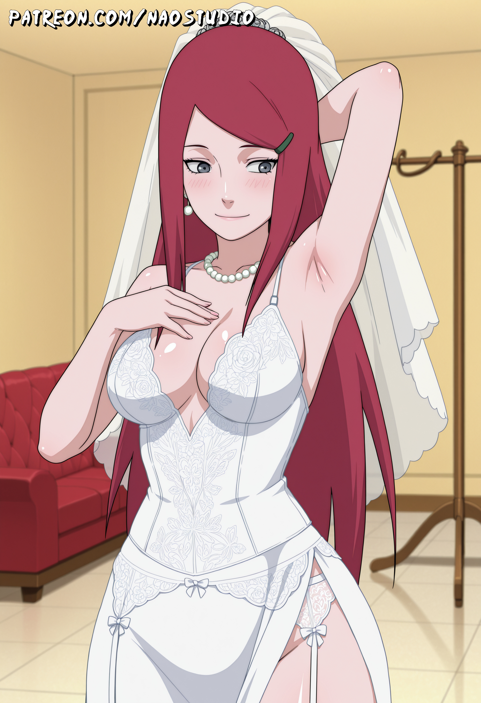 1girls, ai generated, armpits, artist name, ass, breasts, female, female only, food on body, green eyes, kushina uzumaki, large breasts, long hair, naostudio, naruto, naruto (series), red hair, solo, uzumaki kushina, wedding dress
