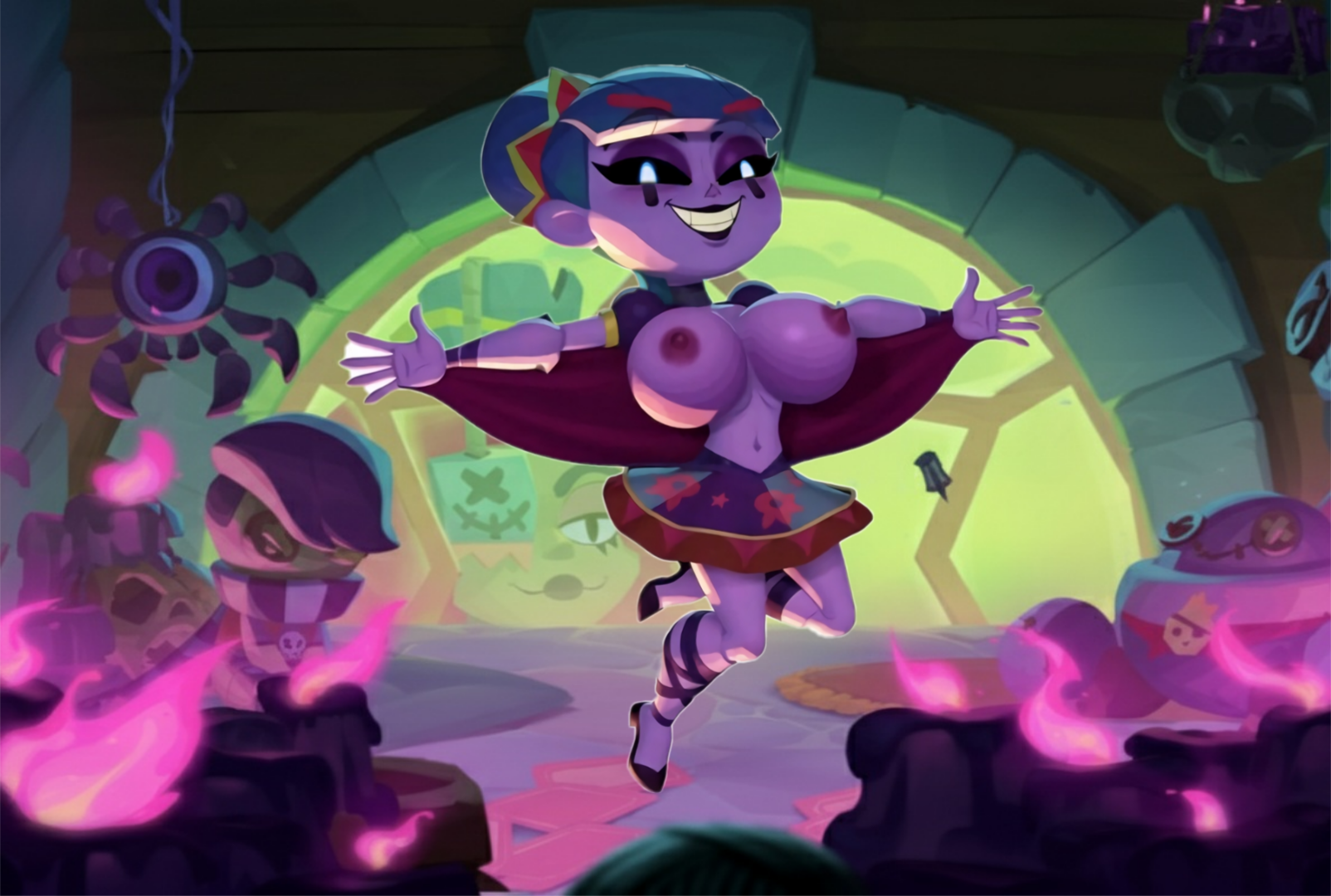 ai generated, baitoludo, brawl stars, breasts, dark eyes, doll, doll joints, edit, female, gigi (brawl stars), grok, huge breasts, juju (brawl stars), purple skin, white pupils
