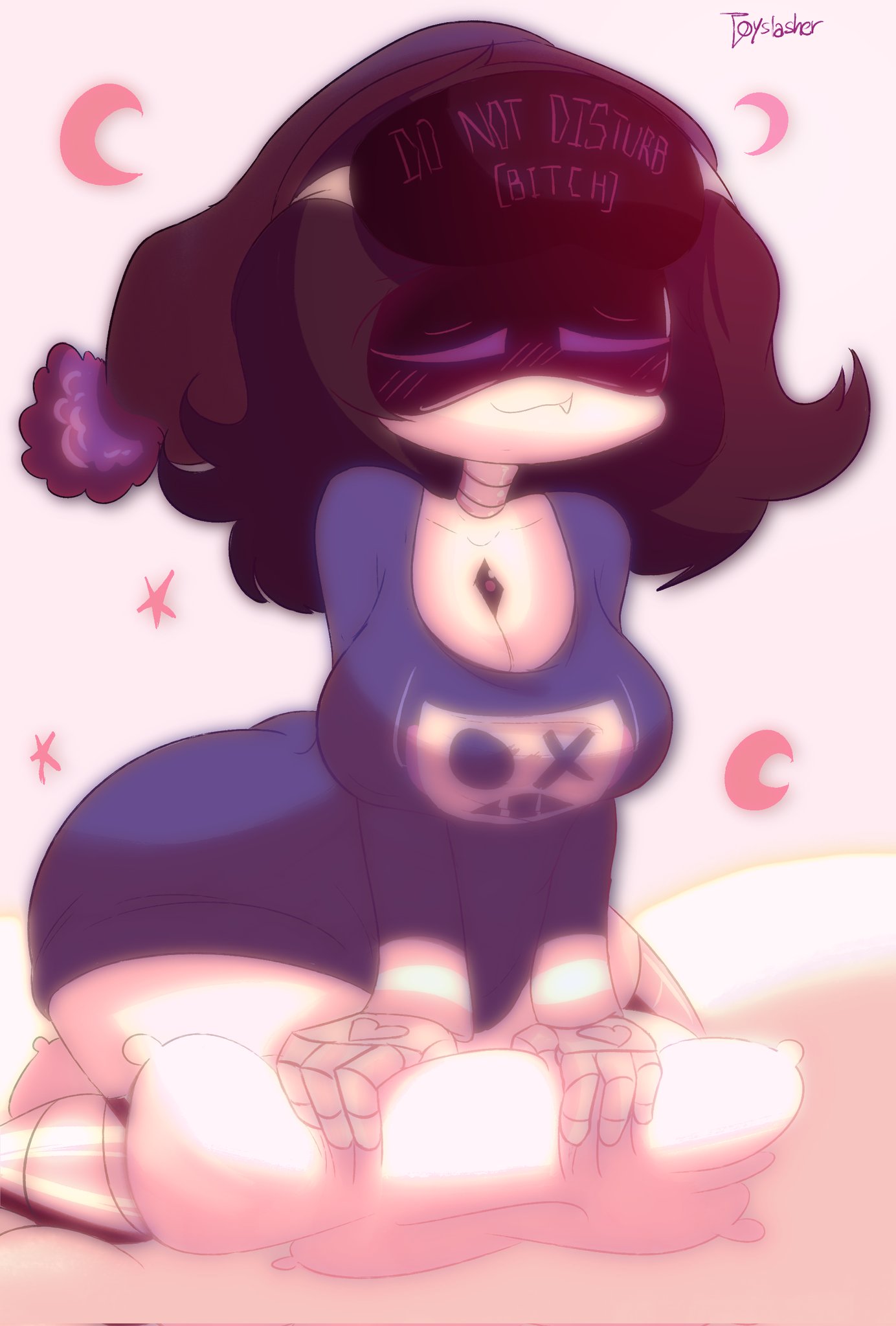1girls, ass, cleavage, cute face, female, female only, glitch productions, murder drones, pajamas, toyslasher, uzi (murder drones), waking up