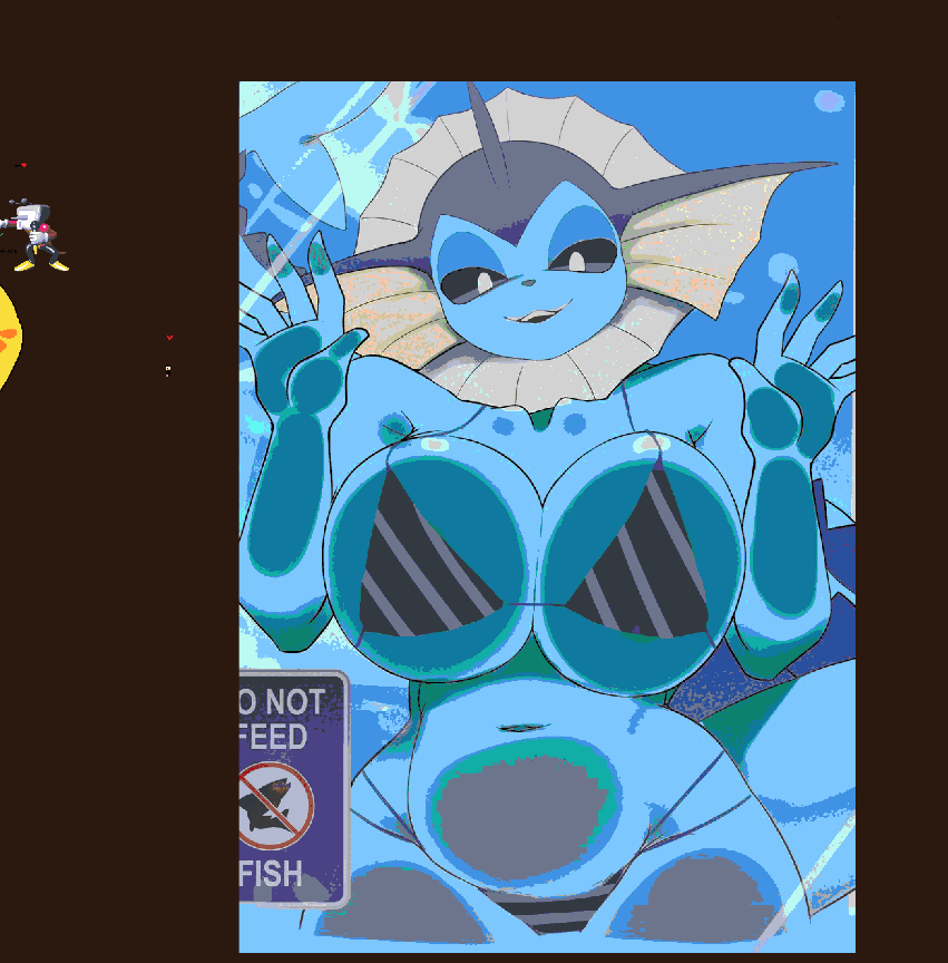 anthro, ashraely, bikini, breasts against glass, deltarune, deltarune chapter 3, english text, funny, pokemon, tenna (deltarune), text, undertale (series), vaporeon, vaporeon humanoid, wplace