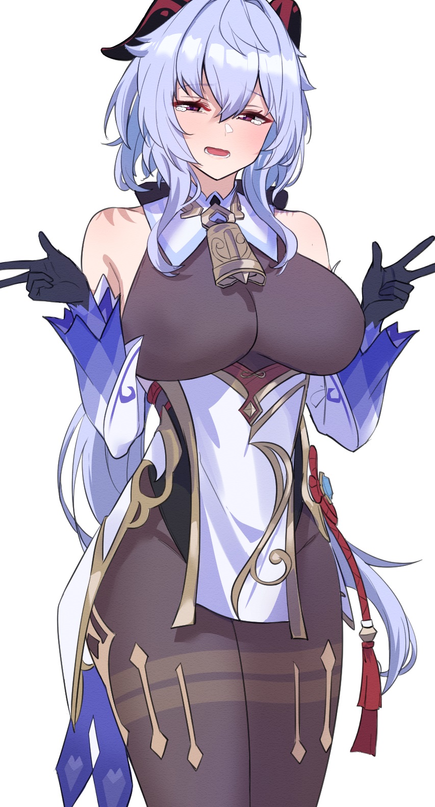 1girls, 2025, bare shoulders, big breasts, blue hair, breasts, clothed, clothing, double v, female, female only, full body, fully clothed, ganyu (genshin impact), genshin impact, hi res, hoyoverse, legwear, long hair, looking at viewer, mihoyo, open mouth, simple background, solo, thick thighs, thighs, v, v sign, video games, white background, white skin, ynfkin