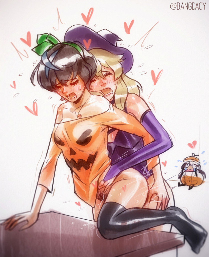 1futa, 2d, 2girls, armwear, bangdacy, black stockings, blonde hair, blush, blushing profusely, bridget, broken heart, closed eyes, color, costume, crying, crying with eyes open, cuck watching, cucked by futa, cuckold, cuckolding, cuckquean, dark hair, dickgirl, dickgirl penetrating, dickgirl/female, drooling, exposed shoulders, eyebrow through hair, eyebrows visible through hair, eyelashes, female, female penetrated, from behind, from behind position, futa on female, futa penetrating, futa penetrating female, futanari, green hairband, guilty gear, guilty gear strive, hair highlights, hairband, halloween, halloween costume, halloween theme, heart, hearts around body, hearts around head, hip grab, holding partner, holding partner's hips, implied penetration, intense, intense sex, intersex, jack-o'-lantern, light-skinned dickgirl, light-skinned female, light-skinned futa, looking pleasured, love, may (guilty gear), necklace, netorare, no panties, no pants, ntr, passionate, passionate sex, pubic hair, pubic stubble, pumpkin, pumpkin costume, pumpkin shirt, purple armwear, purple hat, purple witch hat, raised eyebrows, sex, simple background, standing, standing doggy style, standing on one leg, standing sex, stockings, stomach grab, streaked hair, sweat, sweaty, sweaty body, trans woman, transfem, transgender, trio, unika (guilty gear), witch, witch costume, witch hat
