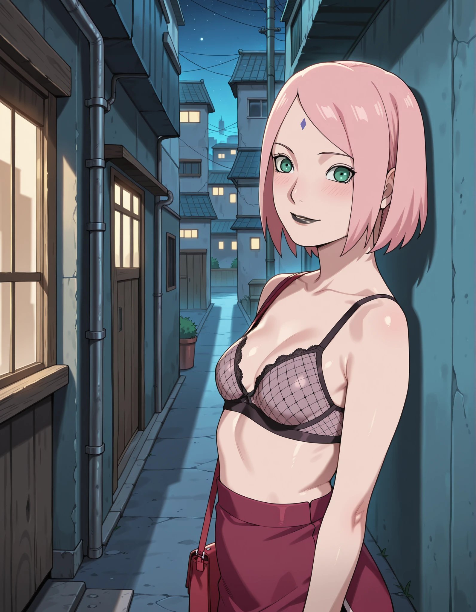 1girls, against wall, ai generated, ass, black lipstick, blush, boruto: naruto next generations, bra, breasts, bubble ass, bubble butt, curvaceous, facial mark, female, forehead mark, green eyes, hairband, handbag, invitation, inviting, inviting to sex, konohagakure symbol, light skin, light-skinned female, lipstick, makeup, medium breasts, milf, narugirlshot, naruto, naruto (series), naughty, naughty face, naughty smile, offering, offering sex, offering to another, offering to viewer, pink hair, pleated skirt, presenting, presenting hindquarters, prostitute, prostitution, purse, raised eyebrows, sakura haruno, seducing, seduction, seductive, seductive body, short hair, showing, showing ass, showing off, skirt, smile, solo, thick ass, thick thighs, thighs, topless, topless female, uncensored, upper body