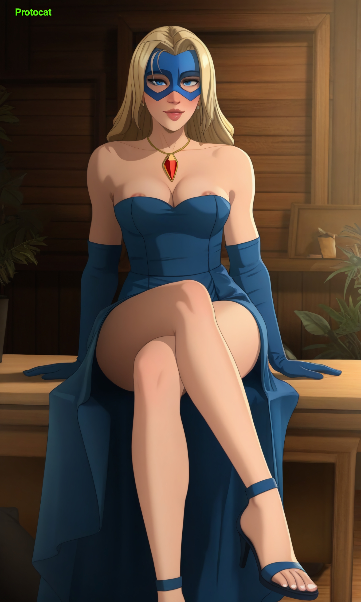 1girls, ai assisted, ai generated, ankle strap heels, areola, areolae, areolae slip, armwear, bare legs, bare shoulders, blonde blazer, blonde female, blonde hair, blue clothing, blue dress, blue eyes, blue footwear, blue gloves, breasts, cleavage, dispatch (game), dress, earrings, elbow gloves, female, footwear, front view, full lips, gemstone, gloved hands, gloves, half mask, heels, high heels, indoors, jewelry, legs, legs crossed, legs together, light skin, light-skinned female, lips, long dress, mask, masked female, necklace, official alternate costume, protocat, slender legs, solo, solo female, toeless footwear, toes