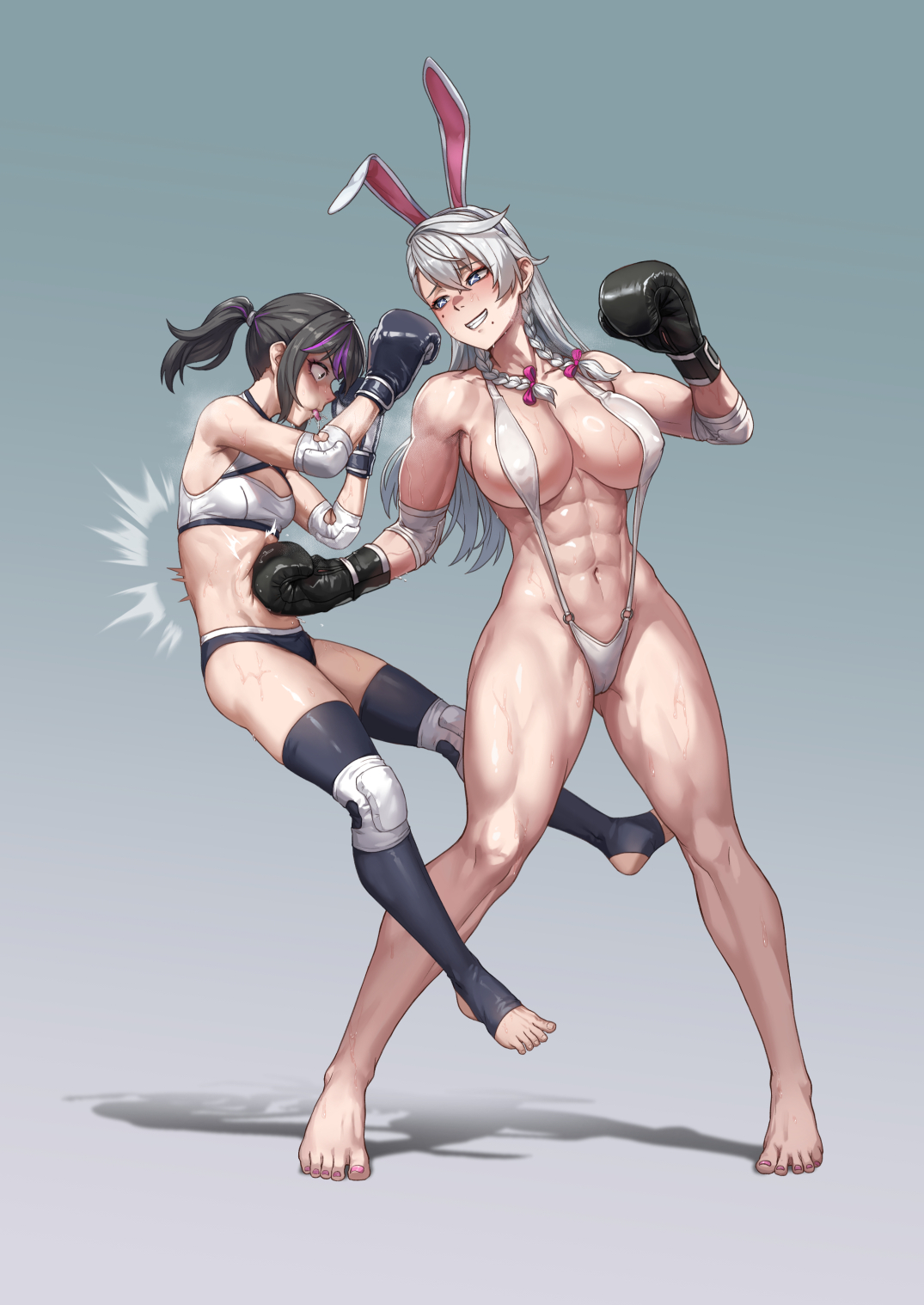amazonian, athletic, athletic female, bikini, black hair, boxing, boxing gloves, boxing ring, catfight, competitive, different size, female, kneepads, muscular, muscular female, original, original character, original characters, punch, punching, punching stomach, ryona, sadistic, sadistic female, short female, silver hair, smirk, sports bra, sports shorts, taller female