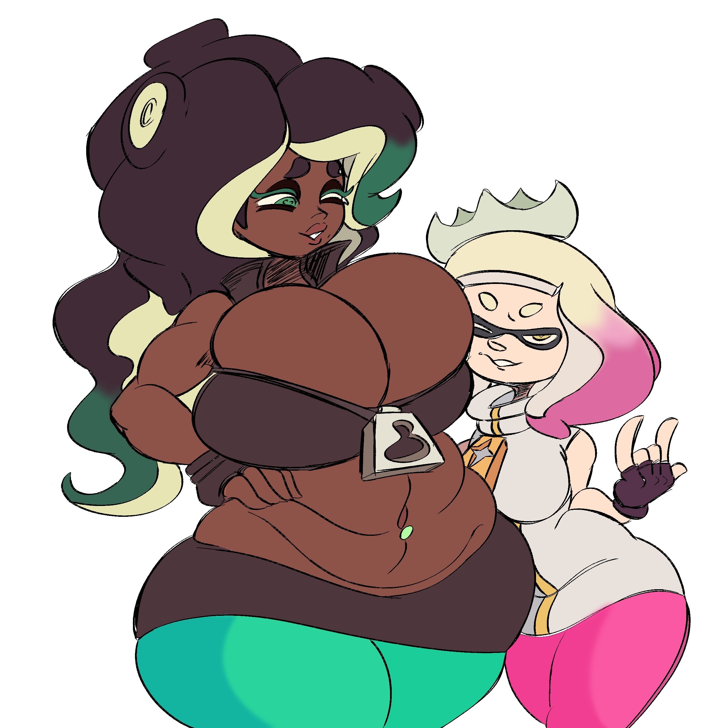 2girls, bbw, chubby, chubby female, female, inkling, inkling girl, lotxolt, marina (splatoon), nintendo, octoling, octoling girl, overweight female, pearl (splatoon), pseudo hair, size difference, splatoon, tentacle hair, two-tone hair