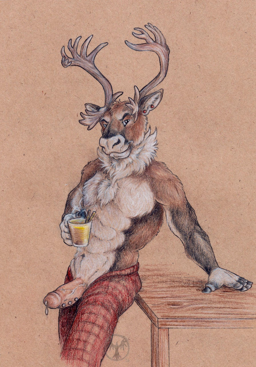 1boy anthro athletic cervine circumcised clothed clothing coffee_mug dripping ear_piercing frenum_ladder frenum_piercing genital_piercing glans leaning leaning_back looking_at_viewer male male_only mammal navel neverwolf pajama_bottoms pencil_(artwork) penis penis_piercing piercing pinup poking_out pose precum reindeer signature simple_background solo topless traditional_media_(artwork) vein veiny_penis