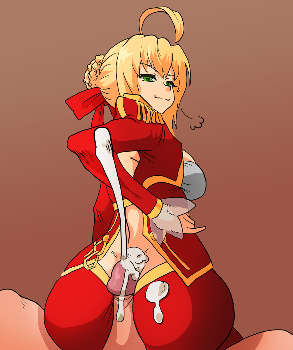 ass, assjob, blonde hair, buttjob, covered assjob, covered buttjob, cum, cum explosion, cum on ass, ejaculation, fate (series), fate/extra, fate/grand order, female, from behind, grinding, hot dogging, looking back, male, mosbles, nero claudius (fate), orgasm, penis, rubbing, smile, smug