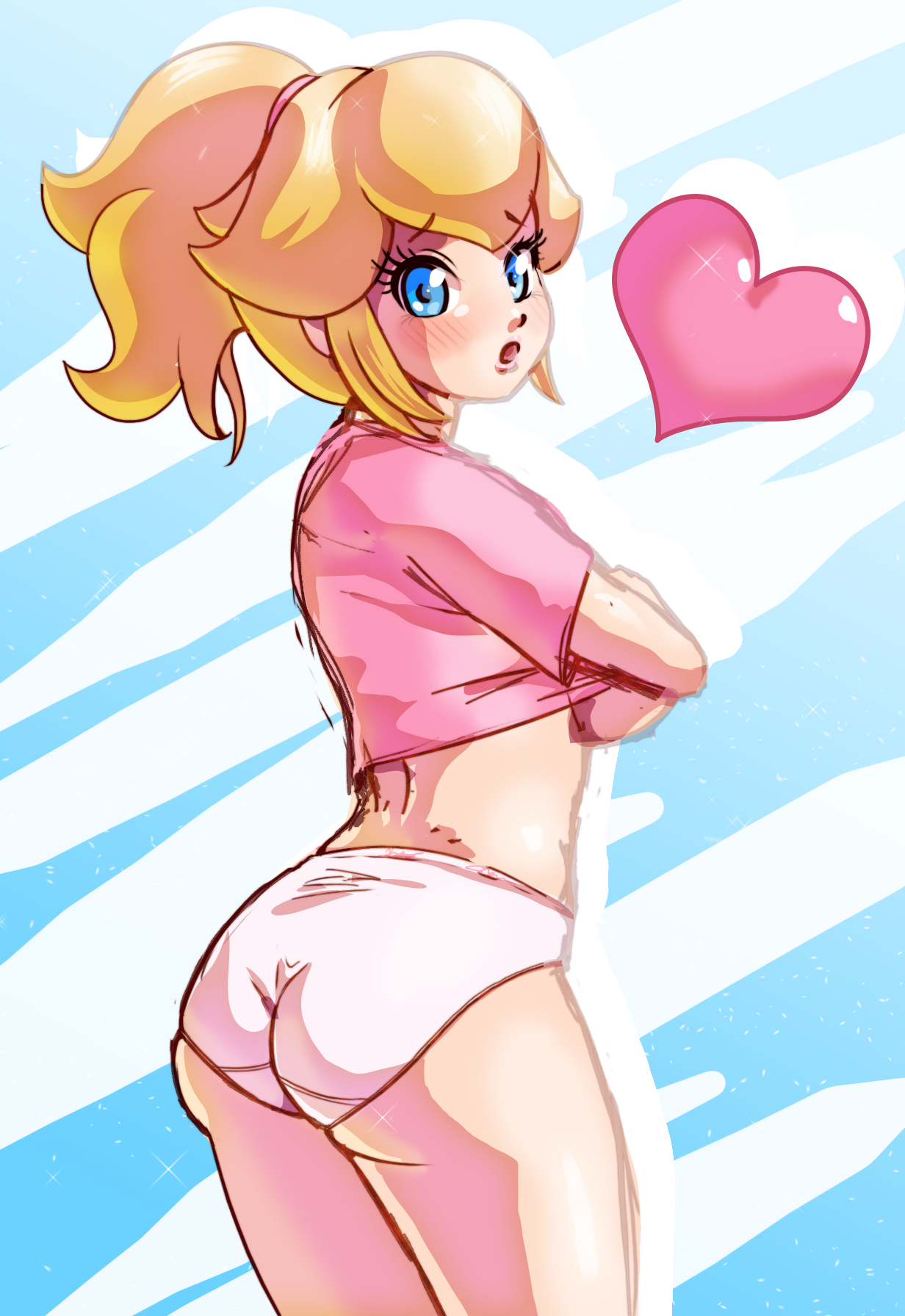 1girls, ass, back view, black-rayal, breasts, female, female only, lifted by self, looking at viewer, mario (series), nintendo, panties, pink panties, ponytail, princess peach, shirt, shirt lift, simple background, solo, standing, t-shirt, tied hair, underwear, undressing