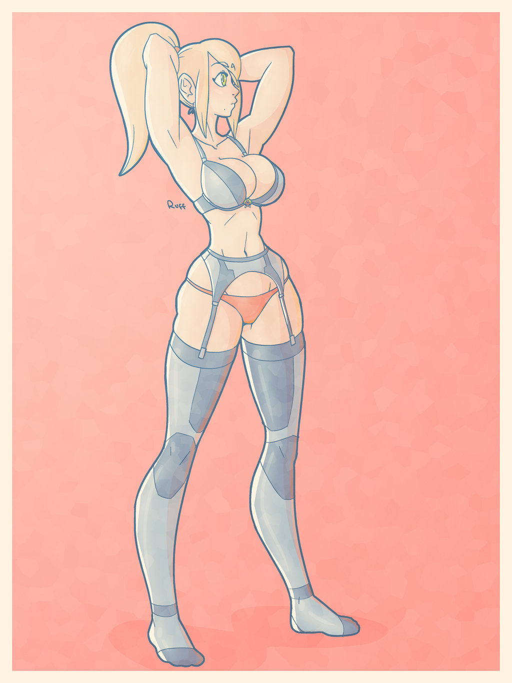 1girls, 2018, big breasts, blonde hair, bra, breasts, female, female only, lingerie, long hair, metroid, nintendo, panties, pony tail, ruff-sketches, ruffsketches (artist), samus aran, solo, stockings, thighhighs, zero suit, zero suit samus