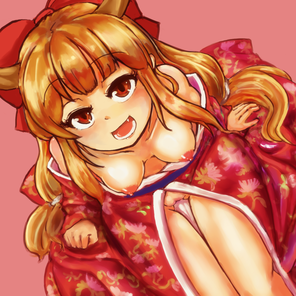 blonde_hair bow breasts breasts_apart brown_eyes clenched_hand clothing cute_fang down_blouse eyebrows eyebrows_visible_through_hair eyelashes from_above hair_ribbon horns japanese_clothes kaabon_meshi kimono long_hair looking_at_viewer nipples no_bra no_panties off_shoulder oni open_mouth pussy ribbon sitting small_breasts smile suika_ibuki teeth thigh_gap touhou uncensored yukata