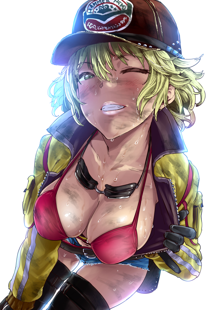 1girls, bikini, black gloves, breasts, cindy aurum, dirty, female, female only, final fantasy, final fantasy xv, flashing, flashing breasts, gloves, jacket, jacket open, mechanic, pija (pianiishimo), solo, tagme, tomboy, wink, winking at viewer, yellow jacket