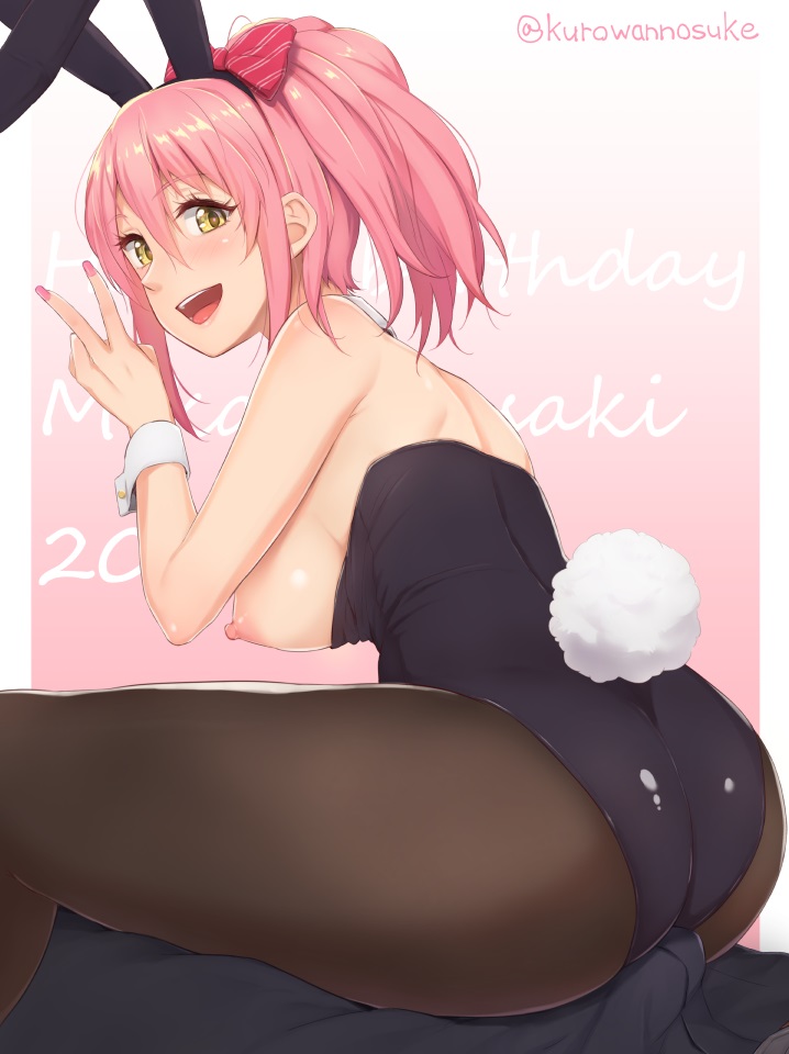 ass back backless_outfit bare_shoulders blush bow breasts breasts_out bunny_ears bunny_tail bunnysuit buttjob female fingernails from_behind hairbow happy_birthday idolmaster idolmaster_cinderella_girls jougasaki_mika kurowan kurowannosuke large_breasts long_fingernails looking_at_viewer nail_polish open_mouth pantyhose pink_hose ponytail sharp_fingernails shiny shiny_clothes shiny_hair shiny_skin sideboob smile solo tied_hair tongue wrist_cuffs yellow_eyes