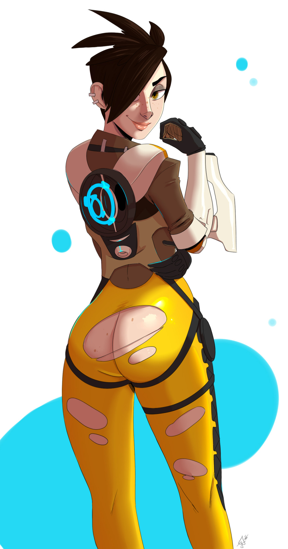 1girls, 2016, alternate version available, ass, blizzard entertainment, brown hair, curvy, female, freckles, huge ass, overwatch, short hair, thehumancopier, thick lips, tracer, voluptuous, wide hips