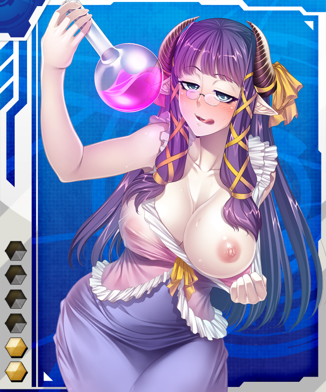 blue_eyes book breasts cleavage female glasses horns large_breasts lilith-soft long_hair nipples one_breast_out pointy_ears potion purple_hair raquel_zosimos see-through solo taimanin_asagi_battle_arena taimanin_asagi_battle_arena_all_card_gallery zol