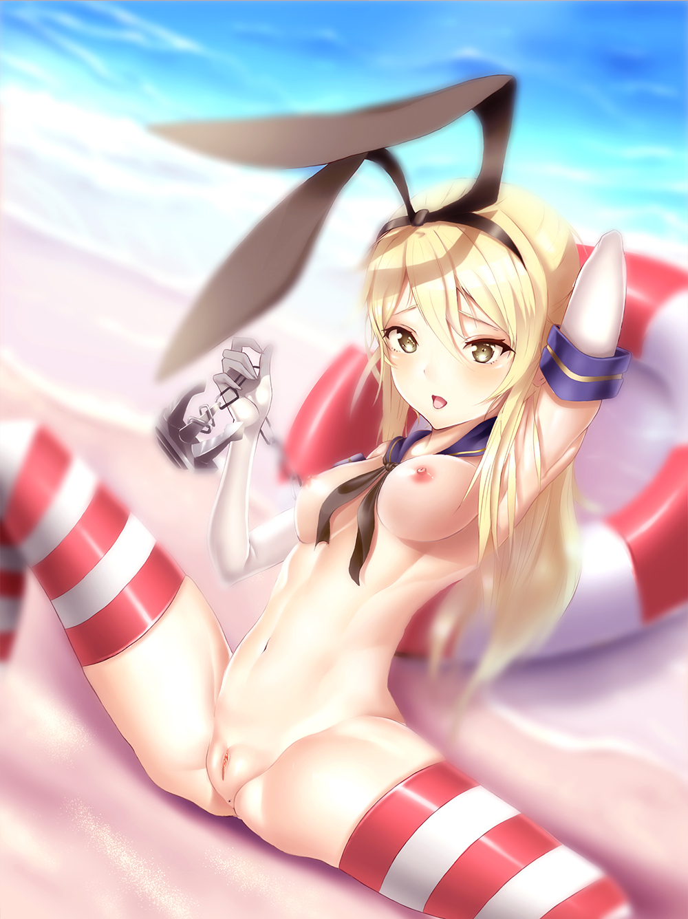 1girls anchor_hair_ornament astdevir blonde_hair breasts elbow_gloves female gloves hair_ornament hairband highres kantai_collection lifebuoy long_hair nipples pussy sailor_collar shimakaze_(kantai_collection) solo spread_legs striped striped_legwear thighhighs uncensored