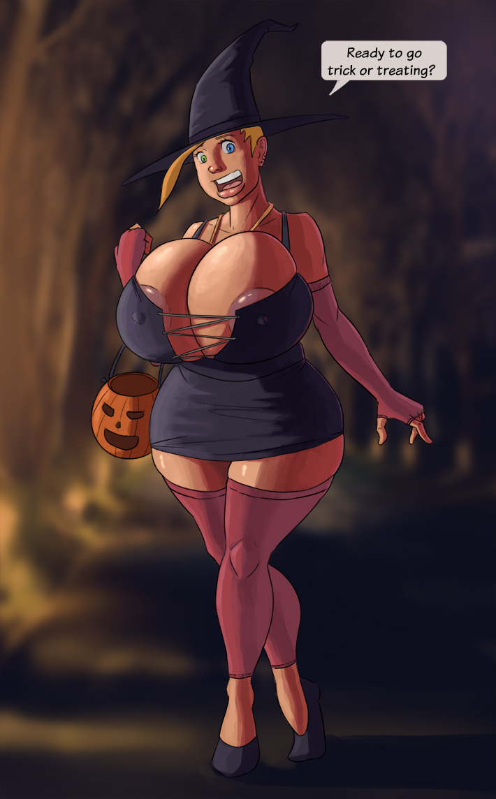 2016, areola, blonde hair, blue eyes, breasts, cleavage, costume, emma hugaz, female, fingerless gloves, gigantic breasts, gloves, green eyes, halloween, halloween costume, hat, heterochromia, impossible clothing, lips, nipples, open mouth, shiin, thick thighs, thighhighs, velvet city (shiin), wide hips, witch, witch costume, witch hat