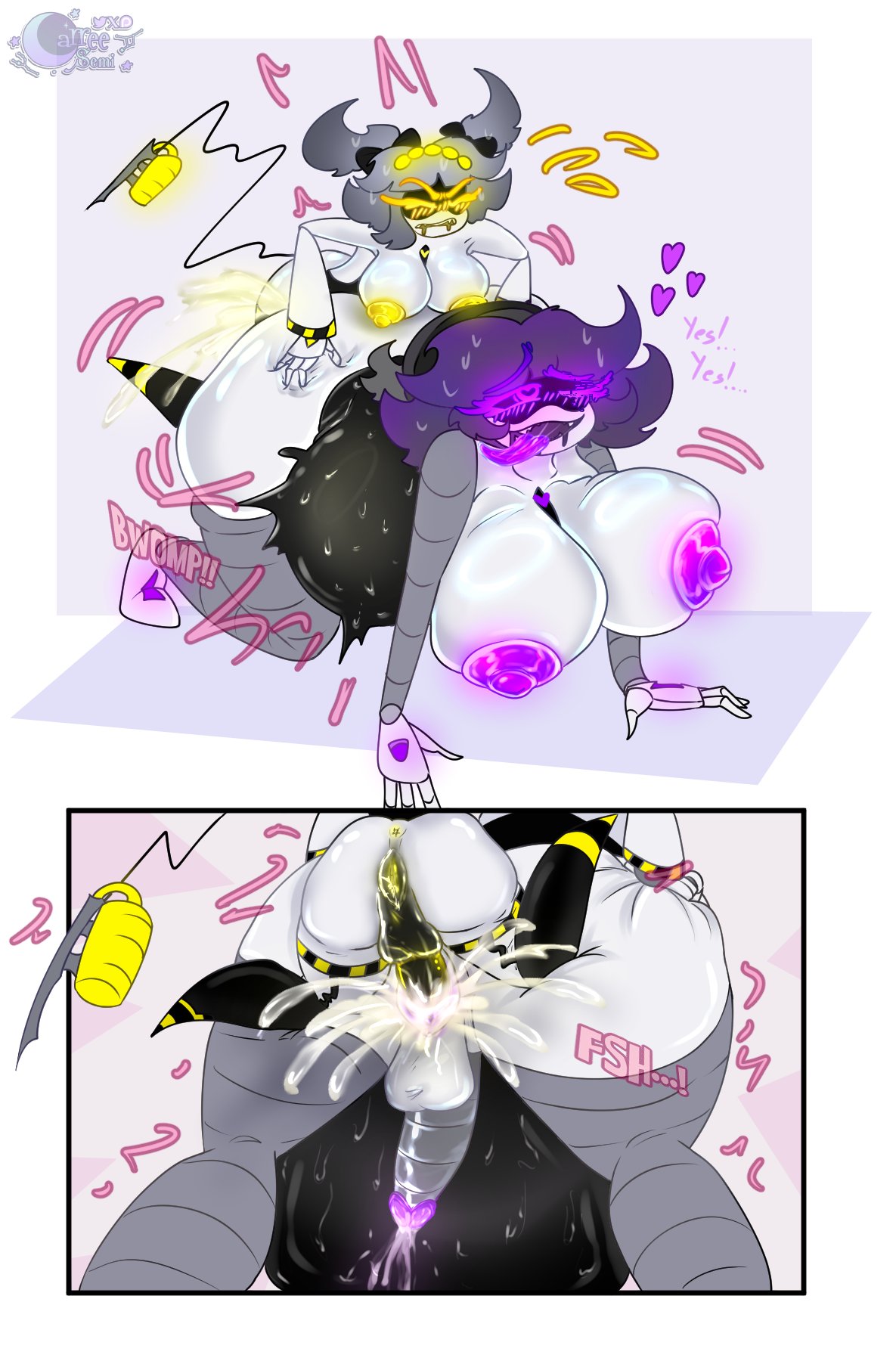 2futas, balls, ballsack, bigger female, bigger futa, cum, cum in pussy, cum inflation, cum inside, cumflation, disassembly drone, futa on futa, futa penetrated, futa penetrating, futanari, glitch productions, inflation, intersex, j (murder drones), murder drones, penetration, purple cum, purple eyes, purple glans, purple hair, purple nipples, smaller female, smaller futa, smaller penetrating, uzi (murder drones), vaginal penetration, worker drone, yellow cum, yellow nipples