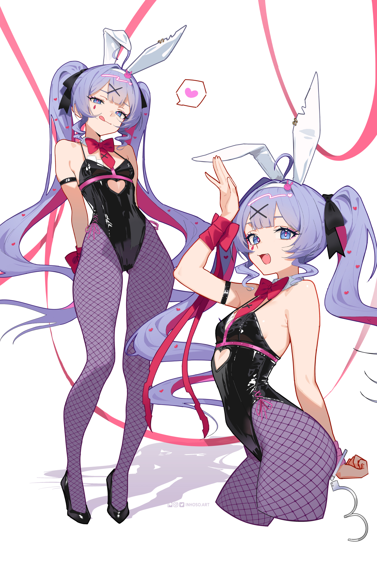 :q, 1girls, ahoge, amiami tights, black heels, black ribbon, blue eyes, blue hair, blunt bangs, bow tie, bunny ears, bunny girl, bunnysuit, cute fang, detached collar, fake animal ears, feet up, female, female only, fishnets, hair intakes, handcuffs, hatsune miku, heart, high heels, huge thighs, inhoso, leotard, licking lips, long hair, pantyhose, petite, pink eyes, pink hair, purple hair, purple pantyhose, rabbit, rabbit ears, rabbit girl, rabbit hole (vocaloid), rabbit humanoid, red ribbon, red tie, ribbon, small breasts, smile, solo, spoken heart, suit, thighs, tie, tongue, twintails, vocaloid, white background