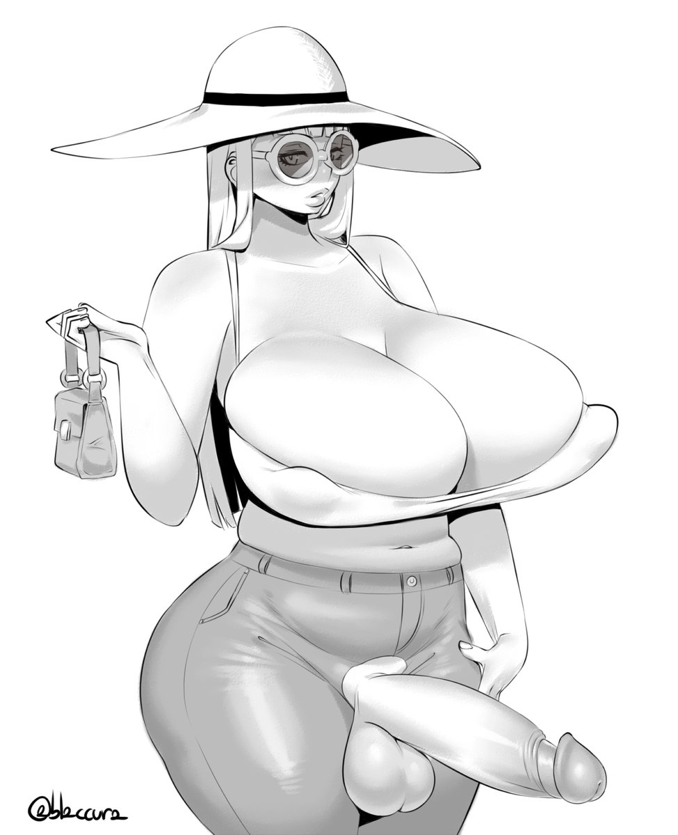 1futa, ageha (burakku-ra), balls, bimbo, breasts, burakku-ra, busty, cleavage, curvy, full-package futa, futa only, futanari, hat, hyper breasts, intersex, large breasts, large penis, monochrome, nipple bulge, penis, plump, purse, solo, standing, sun hat, sunglasses, testicles, voluptuous