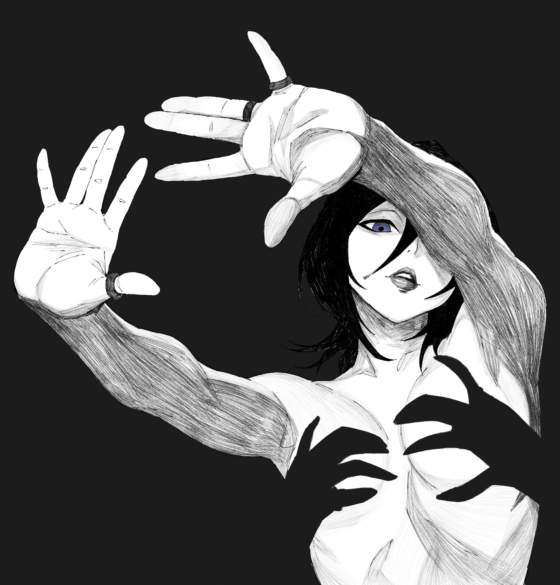 1girls, black hair, bleach, breasts, female, hands casting shadow, hex mamaniac, kuchiki rukia, shadow bra, small breasts, solo, topless