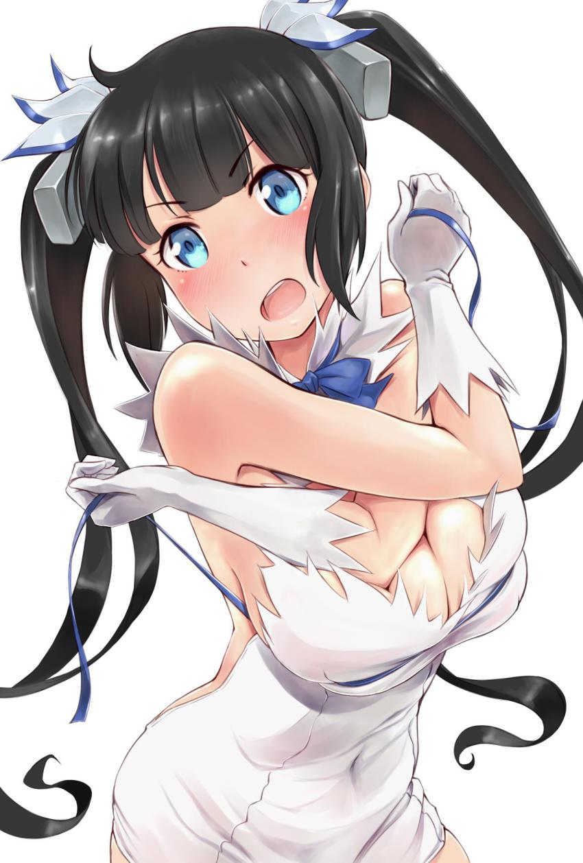 arm ribbon, black hair, blue eyes, blush, breasts, cleavage, dress, dungeon ni deai wo motomeru no wa machigatteiru darou ka, female, gloves, hair ornament, hair ribbon, hestia (danmachi), large breasts, long hair, looking at viewer, open mouth, pulling, rei no himo, ribbon, solo, tied hair, twintails, wa (genryusui), white dress, white gloves