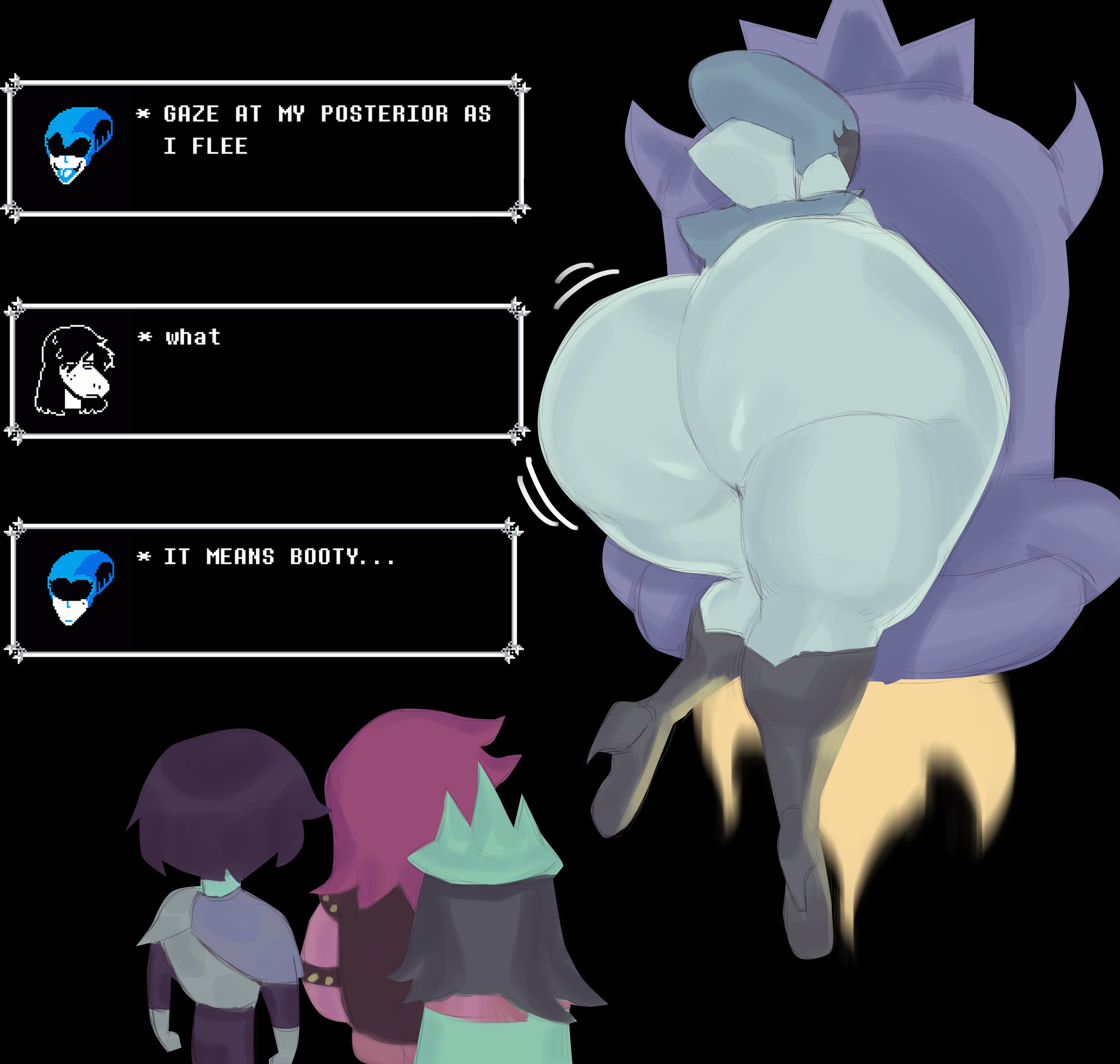 2022, absurd res, anthro, ass, big ass, big butt, boots, bovid, butt, caprine, chair, clothed, clothing, darkner, deltarune, deltarune chapter 2, dialogue, dialogue box, digital media, digital media (artwork), english text, fat ass, female, female focus, fire, footwear, furniture, goat, group, hi res, high heel boots, high heels, huge ass, huge butt, huge thighs, human, humanoid, jiggling, kris (deltarune), machine, male, male/female, mammal, presenting, presenting hindquarters, queen (deltarune), ralsei, reptile, robot, robot girl, scalie, shoes, sprite, susie (deltarune), text, thick thighs, undergroundj, undertale (series)