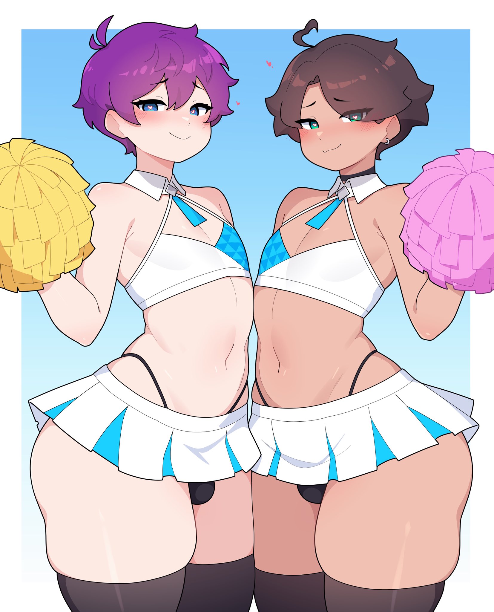 2boys, 2femboys, ass, belly, belly button, black stockings, blue archive, blue eyes, blush, blushing, blushing at viewer, bottom heavy, bottom heavy femboy, brown hair, bulge, cheerleader, cheerleader outfit, cheerleader uniform, child bearing hips, commission, curvy, curvy body, curvy figure, curvy male, dress, earrings, femboy, femboy focus, femboy only, femboy/femboy, feminine male, gay, gay male, green eyes, heart-shaped pupils, high resolution, holding pom poms, huge hips, huge thighs, light skin, light-skinned femboy, light-skinned male, long stockings, looking at viewer, male only, male with male, male/male, millennium cheerleader outfit (blue archive), miniskirt, oc, original, original character, original characters, panties, pom poms, purple hair, revealing clothes, roixy, roixy nsfw, short hair, short skirt, skimpy clothes, skirt, stockings, submissive, submissive male, suggestive, tan body, tan skin, tanned, tanned male, tanned skin, thick thighs, thighhighs, thighs, tie, twink, yaoi