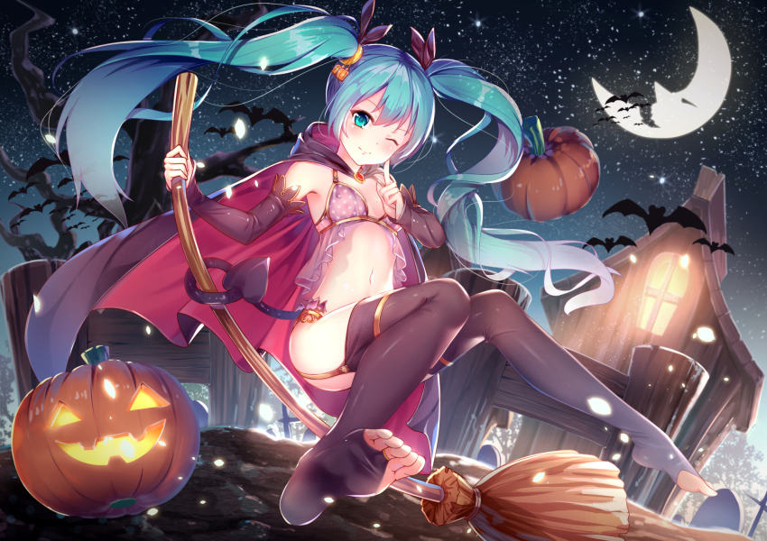 1girl, aqua eyes, aqua hair, barefoot, broom, broom riding, cape, commentary, crescent moon, demon tail, detached sleeves, feet, female, garter straps, halloween, hatsune miku, jack-o'-lantern, long hair, looking at viewer, moon, navel, night, night sky, one eye closed, outdoors, pumpkin, revision, sky, smile, soles, solo, star (sky), starry sky, tail, thighhighs, tied hair, toe ring legwear, toeless legwear, toes, tree, twintails, very long hair, vocaloid, yan (nicknikg)