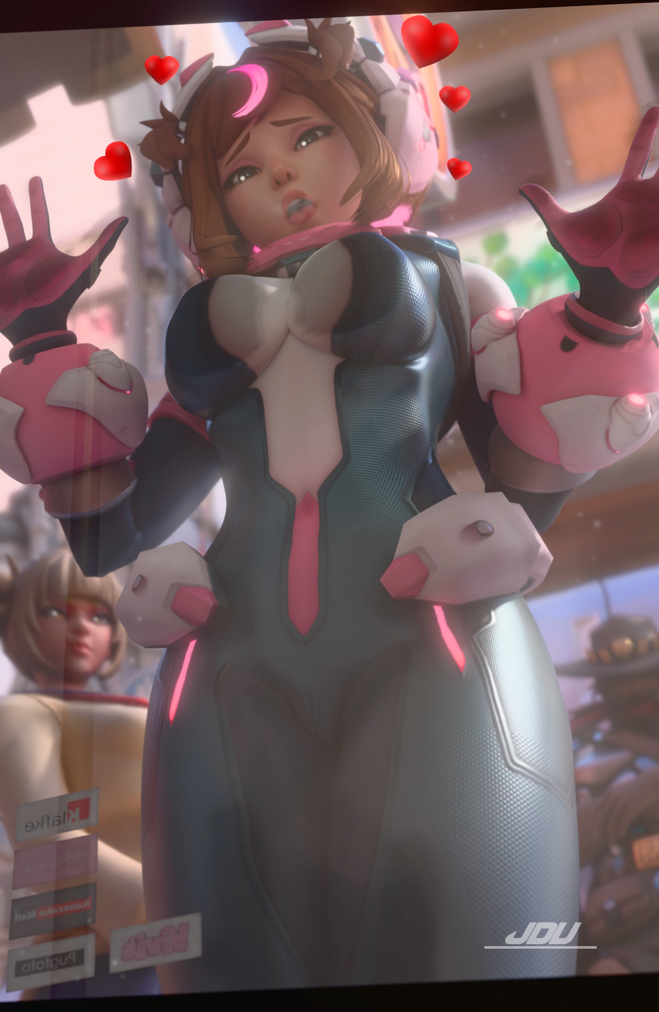 1boy, 2girls, 3d, absurd res, against glass, bodysuit, brown hair, clothed, clothing, cole cassidy, collaboration skins, cosplay, heart, hearts, hearts around head, highres, himiko toga (cosplay), himiko toga kiriko, jdv, juno (overwatch), kiriko (overwatch), light skin, light-skinned female, light-skinned male, medium breasts, my hero academia, ochako uraraka (cosplay), overwatch, overwatch 2, uravity juno