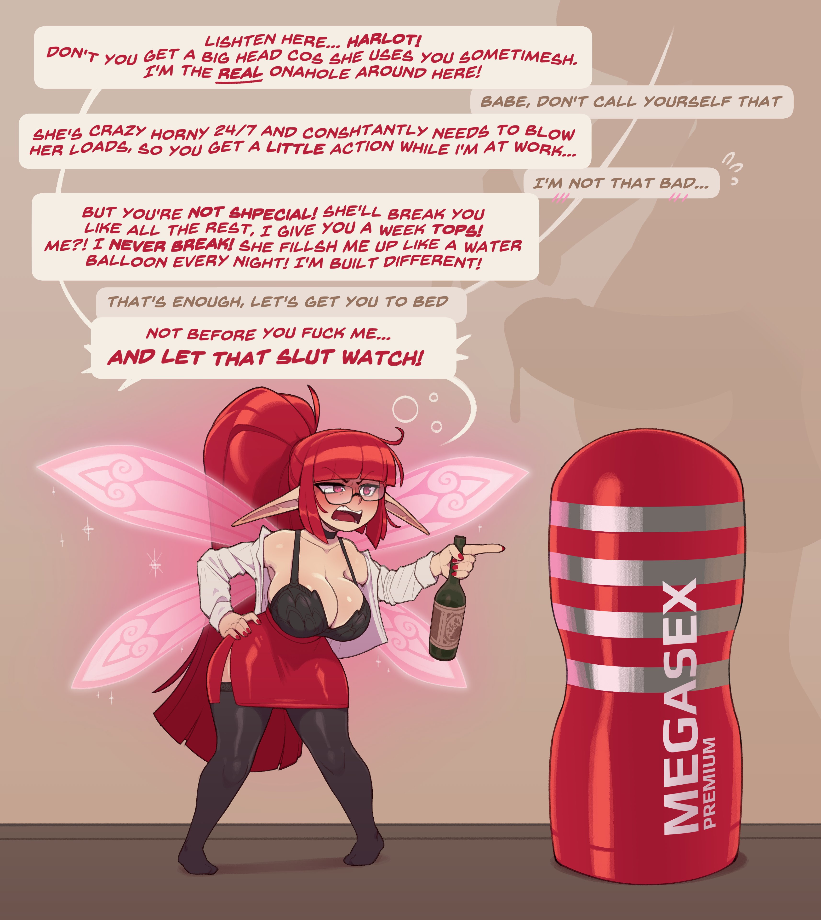1futa, 1girls, alcohol, artificial vagina, cock, dialogue, drunk, drunk bubble, drunk futa, english text, erection, fairy, futa, futanari, huffslove, implied futa, onahole, penis, pixie, precum, precum drip, sex toy, skirt, solo, solo female, solo focus, speaking, speech bubble, talking, tenga, text
