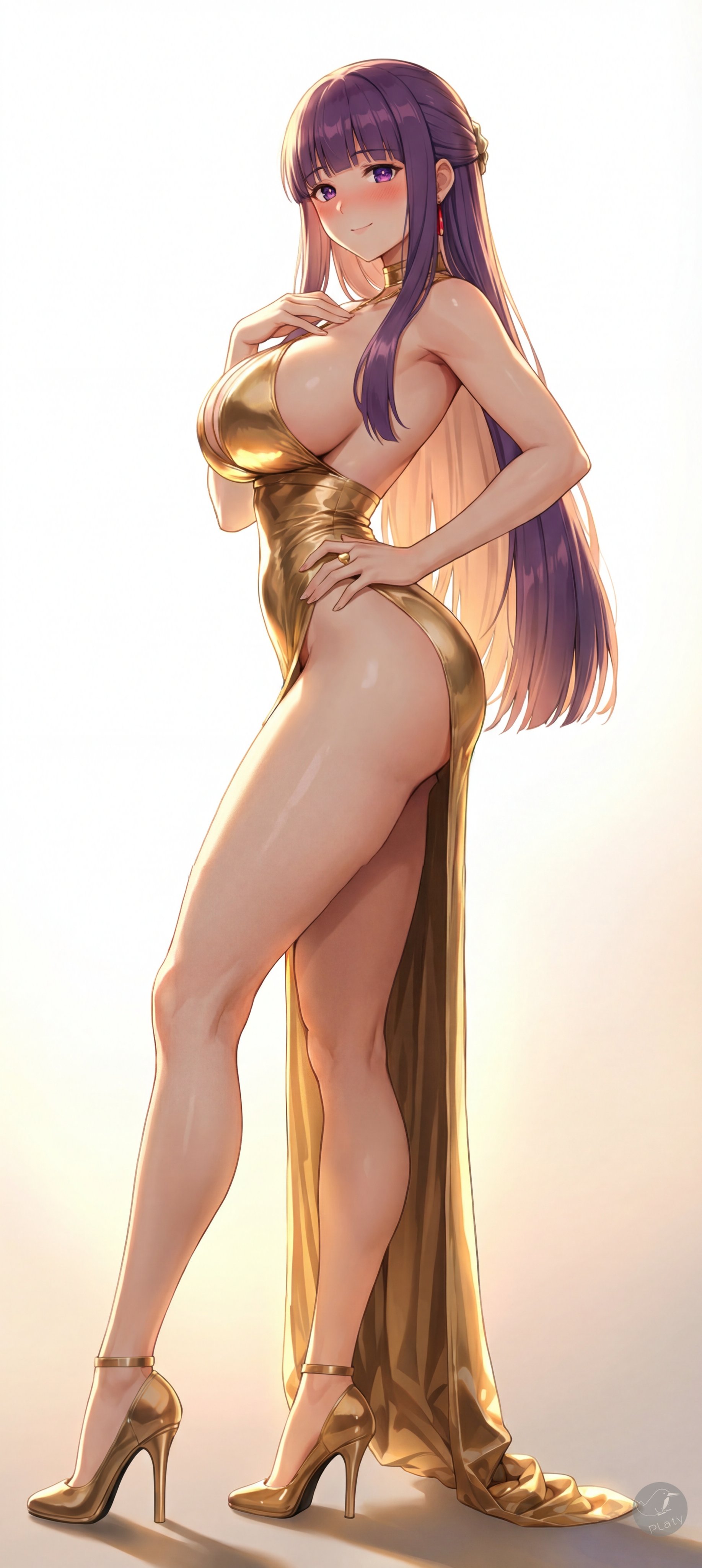 ai assisted, ai generated, artist request, bare legs, blush, blushing, bob cut, elegant, elegant dress, fern (sousou no frieren), frieren beyond journey's end, high heels, large ass, large breasts, long hair, looking at viewer, platyarty, pose, posing, posing for the viewer, purple eyes, purple hair, side view, sideboob, sleeveless dress, slim waist, smiling at viewer, sousou no frieren, tagme, tall, tall female, taller girl, thick thighs, wide hips
