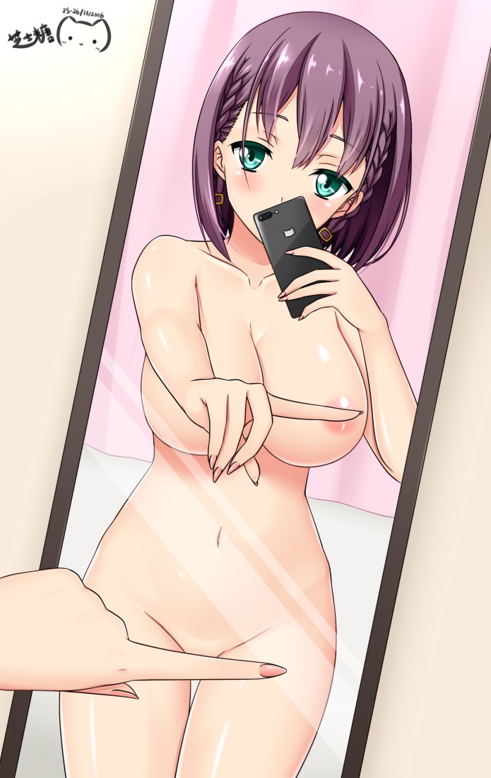 1girls ai_(himura_kiseki) areola_slip areolae blush braid breasts cellphone cleavage covering covering_breasts female female_only female_pov getsuyoubi_no_tawawa green_eyes groin large_breasts mirror nail_polish navel nude one_finger_selfie_challenge phone pov ppshex purple_hair reflection reflection_censor self_shot solo solo_female standing tied_hair