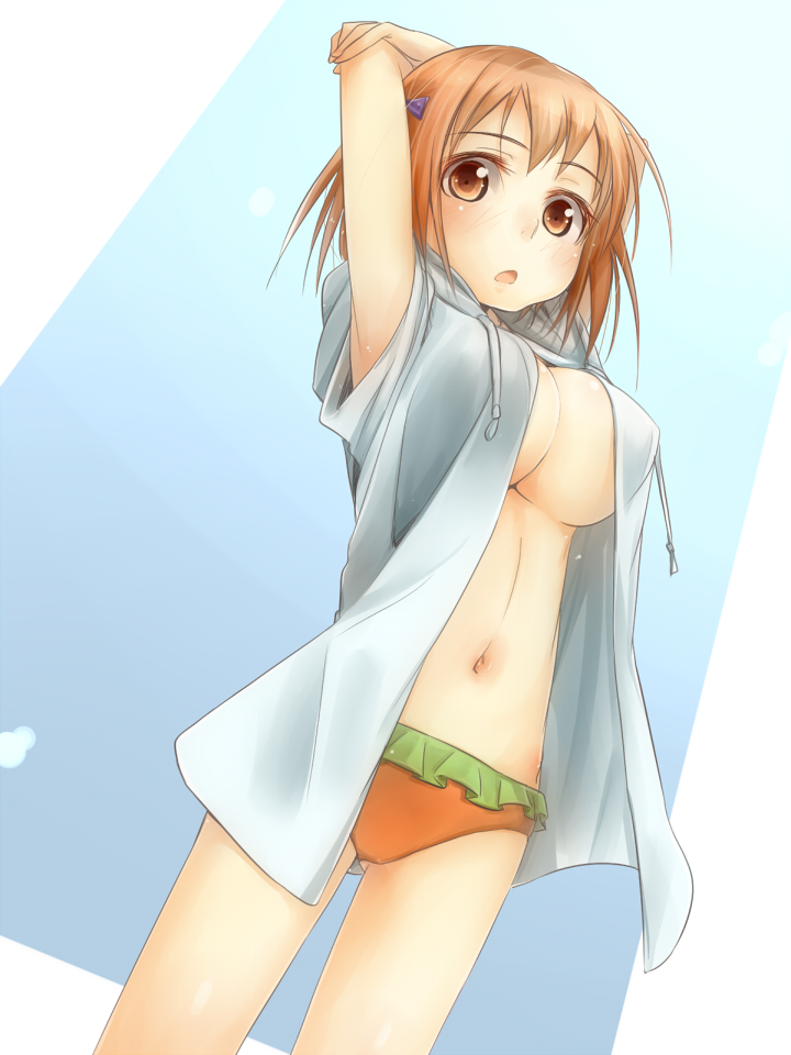 :o akino_shuu akisyuuno armpits arms_behind_head arms_up bikini bikini_bottom breasts brown_eyes brown_hair cleavage dutch_angle female frilled_bikini frills hataraku_maou-sama! hood hoodie large_breasts naked_shirt navel open_clothes open_hoodie sasaki_chiho shirt short_hair short_twintails sky solo swimsuit tied_hair twintails