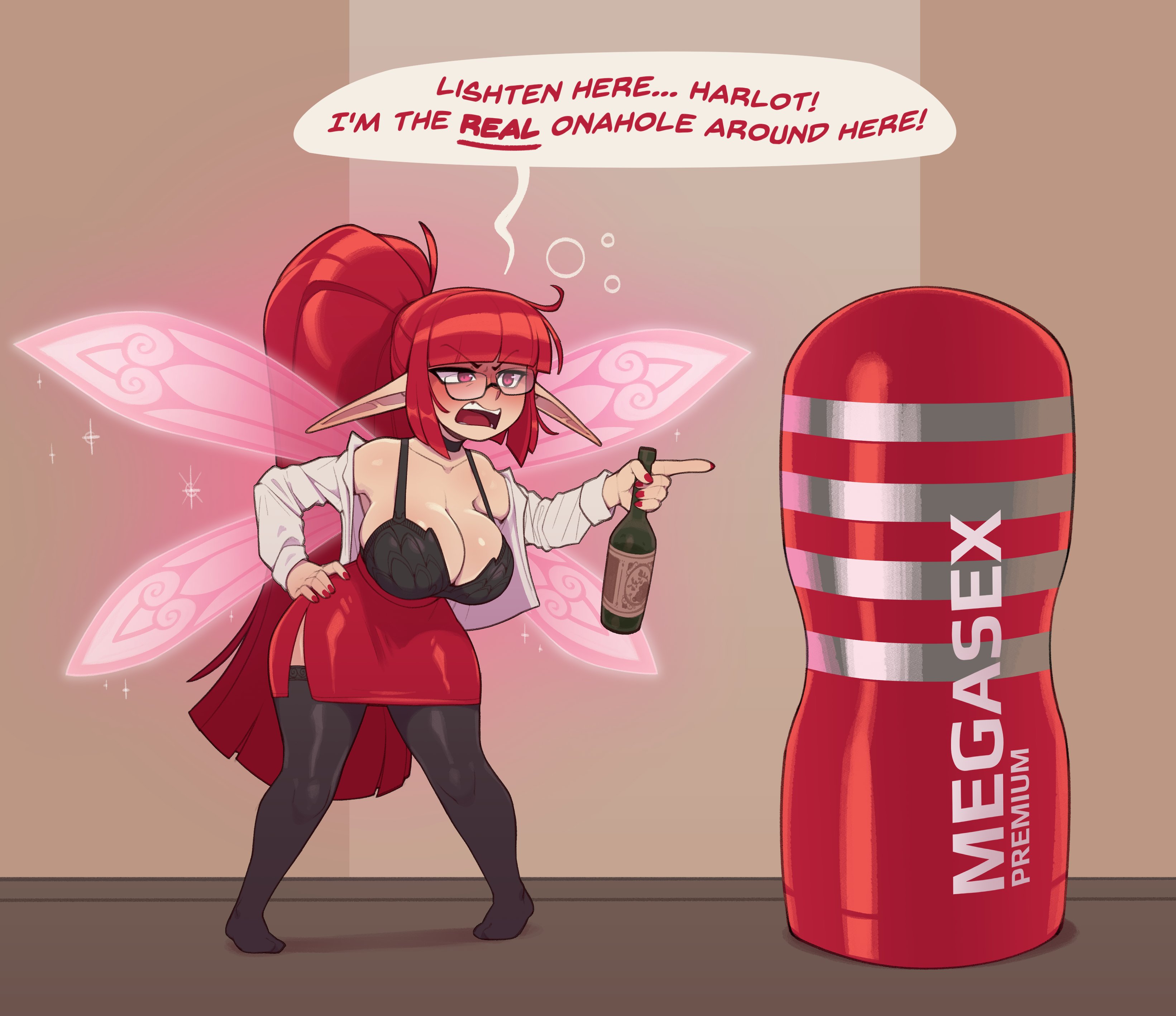 1girls, alcohol, artificial vagina, drunk, drunk bubble, english text, fairy, huffslove, monologue, onahole, pixie, sex toy, solo, solo female, speaking, speech bubble, talking, tenga, text