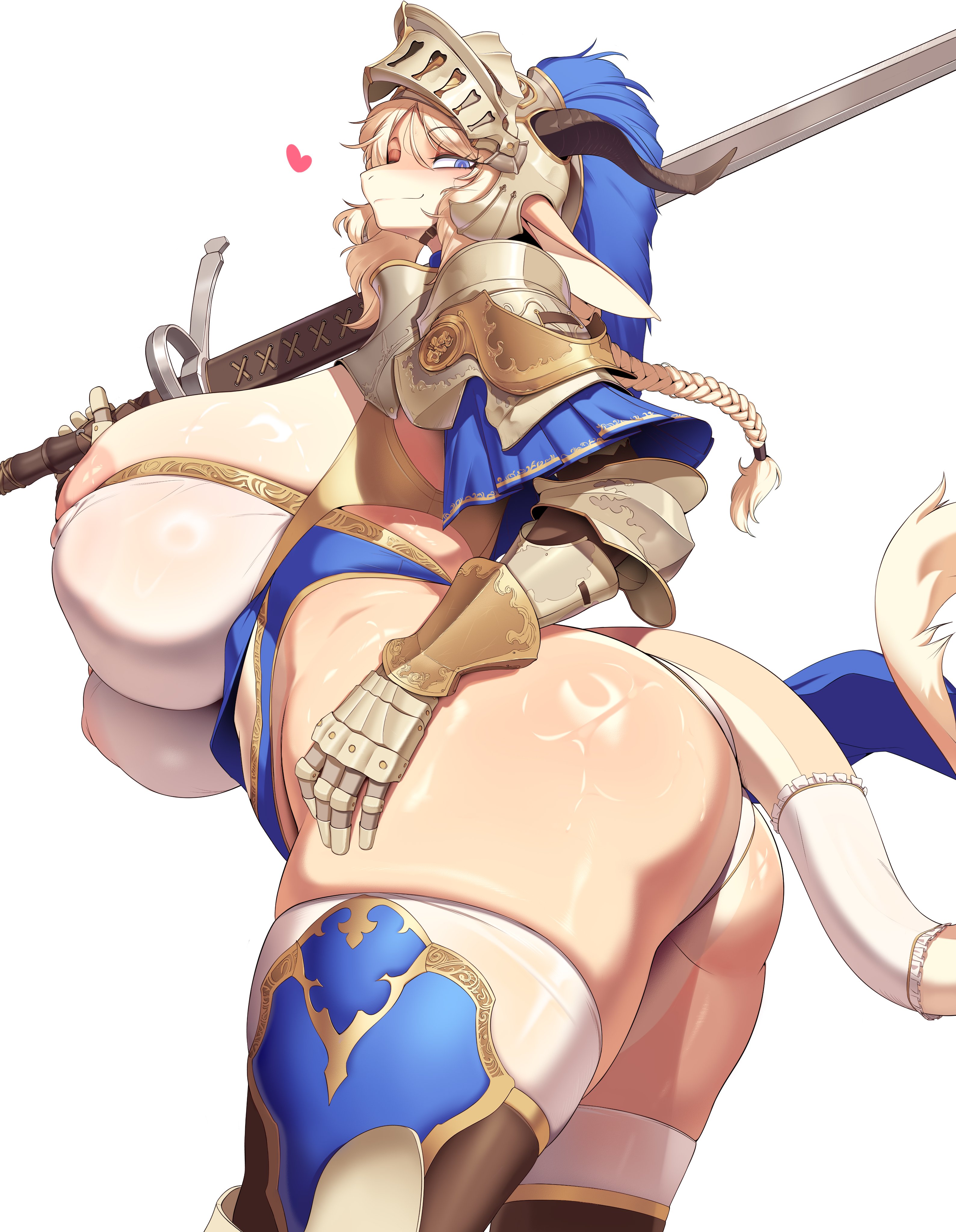 1girls, absurd res, anthro, areola, armor, armwear, big ass, big breasts, big butt, biped, blonde hair, blue eyes, bodily fluids, breasts, butt, celinia (cervina7), cervina7, cervina7 (artist), clothed, clothed anthro, clothed female, clothing, dat ass, dragon, female, female anthro, female only, hair, heart symbol, huge breasts, large breasts, legwear, looking at viewer, looking back, looking back at viewer, one eye closed, original, smiling, smiling at viewer, solo, standing, sweat, sweatdrop, sweaty breasts, sweaty butt, tail, weapon, white background