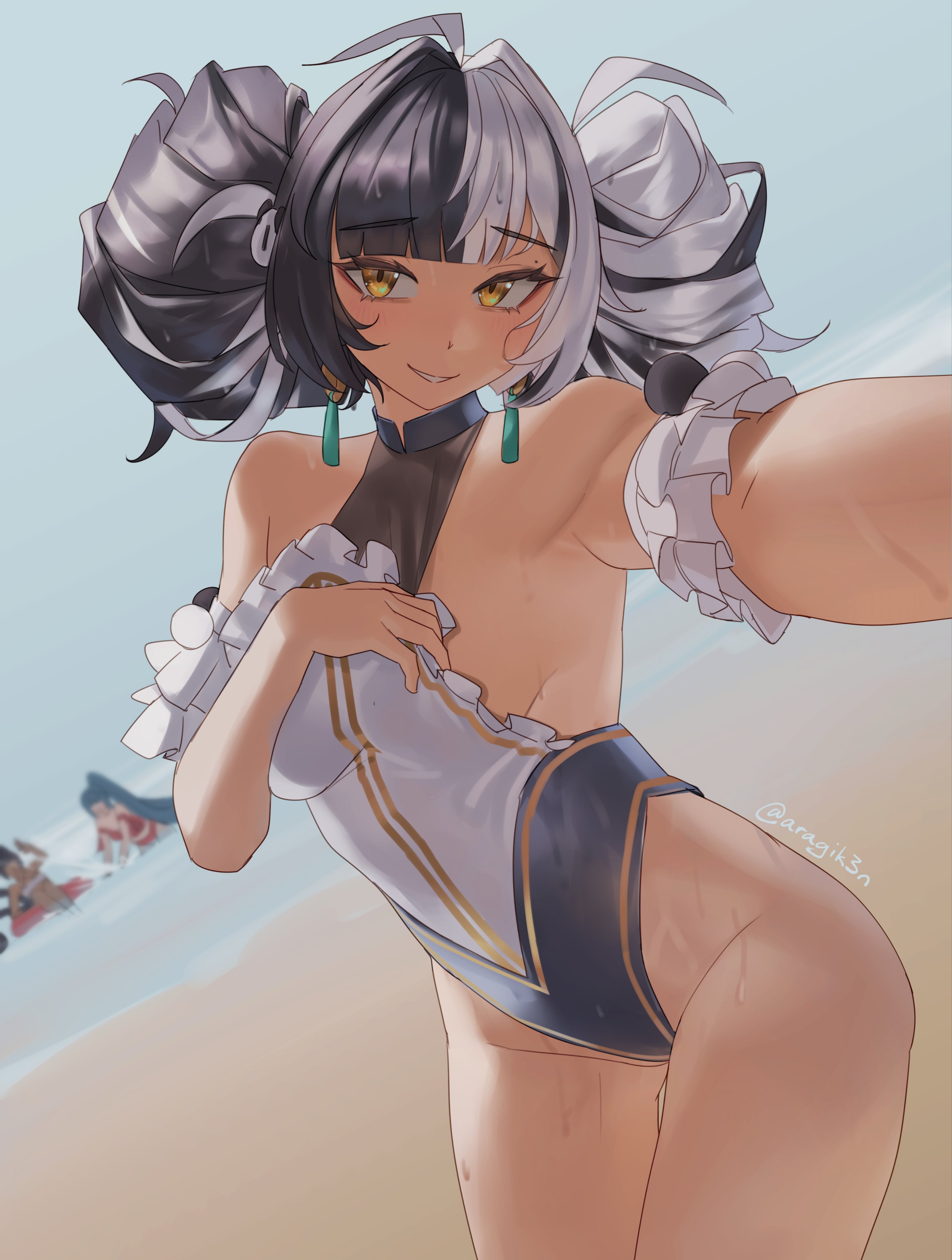 aragiken, astra yao, beach, dialyn (zenless zone zero), long hair, multiple girls, nekomiya mana, one-piece swimsuit, selfie, two-tone hair, zenless zone zero