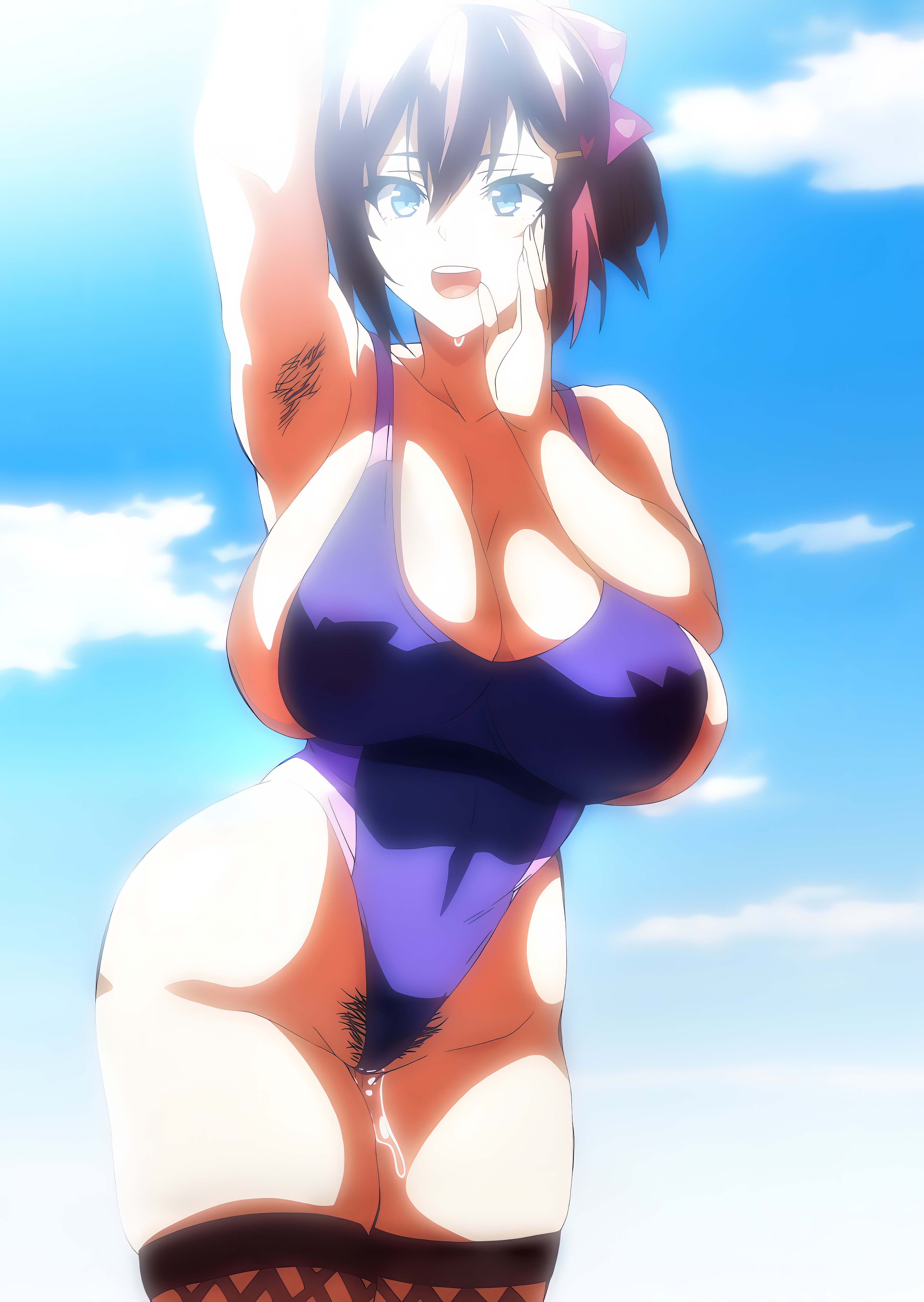 1girls, 2d, akane nanao, akane wa tsumare somerareru, armpit hair, big boobs, big breasts, blue eyes, boobs, breasts, clothed, clothed female, clothing, female, female only, front view, hairy armpits, hairy pussy, hentai, hentai series, high quality, high resolution, huge breasts, large breasts, light skin, light-skinned female, one-piece swimsuit, pale skin, pale-skinned female, pubic hair, red hair, revealing clothes, screencap, screenshot, sky, solo, solo female, standing, stitched, swimsuit, teenage girl, teenager, thick thighs, thighs, upscaled, voluptuous, voluptuous female