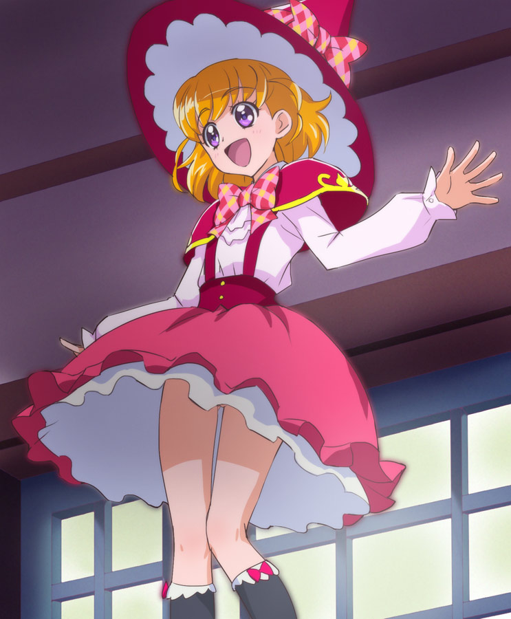 :d asahina_mirai blonde_hair bow bowtie clothing haruyama_kazunori hat mahou_girls_precure! no_panties open_mouth photoshop precure pretty_cure purple_eyes pussy pussy_peek short_hair skirt smile solo upskirt witch_hat