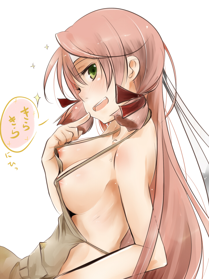 akashi_(kantai_collection) akino_shuu apron breasts female finger_to_mouth green_eyes headband kantai_collection long_hair looking_at_viewer naked_apron nipples pink_hair sideboob simple_background smile solo white_background