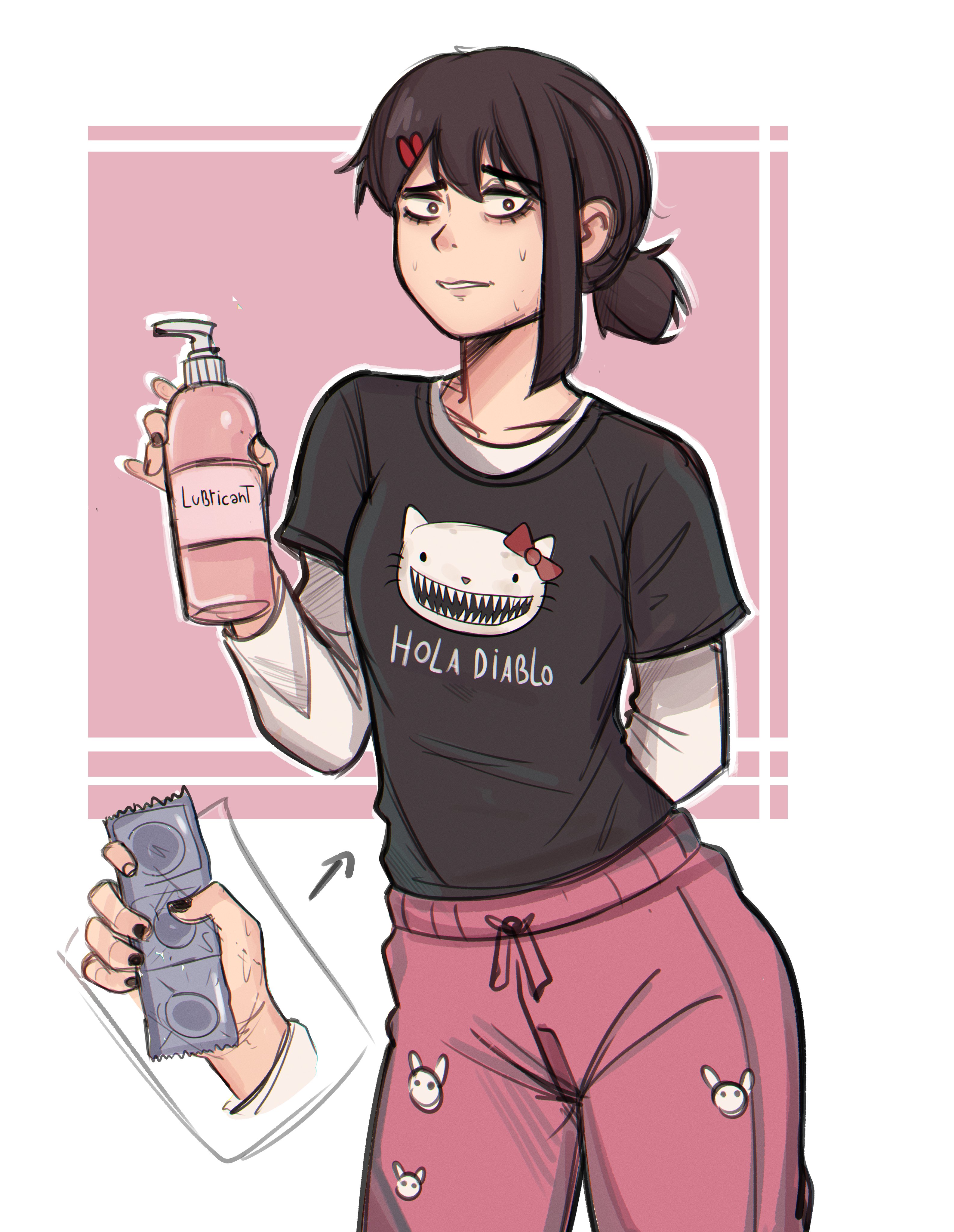 1girls, 2d, 2d (artwork), blank background, bottle, brown hair, brown hair female, brown-haired female, chainsaw man, clothed female, condom wrapper, condoms, container, hairclip, hairclips, hand behind back, higashiyama kobeni, holding object, lubricant, nervous, nervous female, no nude, no nudity, ponytail, sweating, zero dead zone