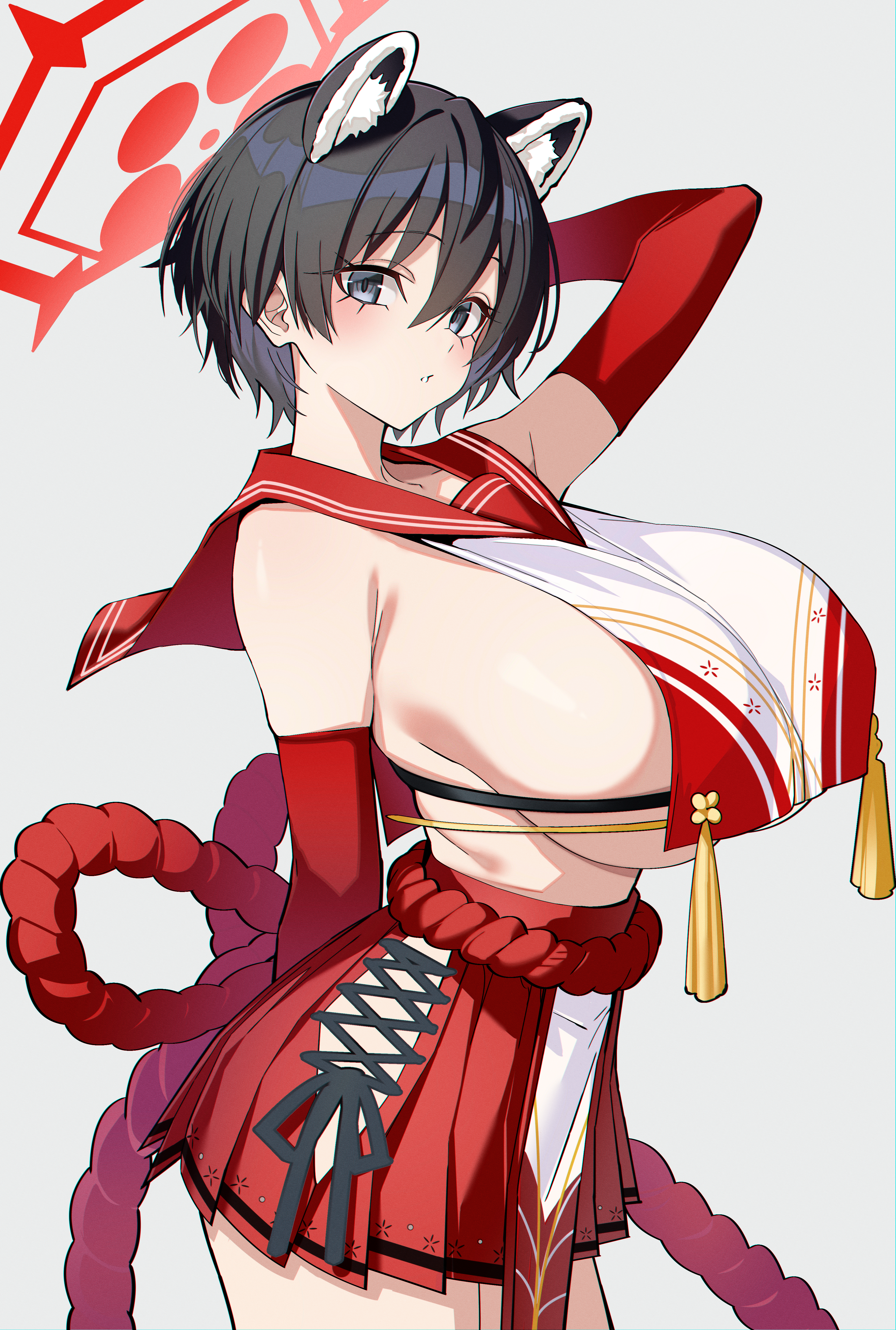 1girl, absurdres, animal ear fluff, animal ears, arm up, bare shoulders, bine kun, black eyes, black hair, blue archive, blush, breast curtains, breasts, commentary, elbow gloves, extra ears, gloves, halo, highres, huge breasts, looking at viewer, pleated skirt, raccoon ears, raccoon girl, red gloves, red halo, red sailor collar, red skirt, revealing clothes, rope, sailor collar, shimenawa, short hair, sideboob, skindentation, skirt, solo, tassel, tsubaki (blue archive)