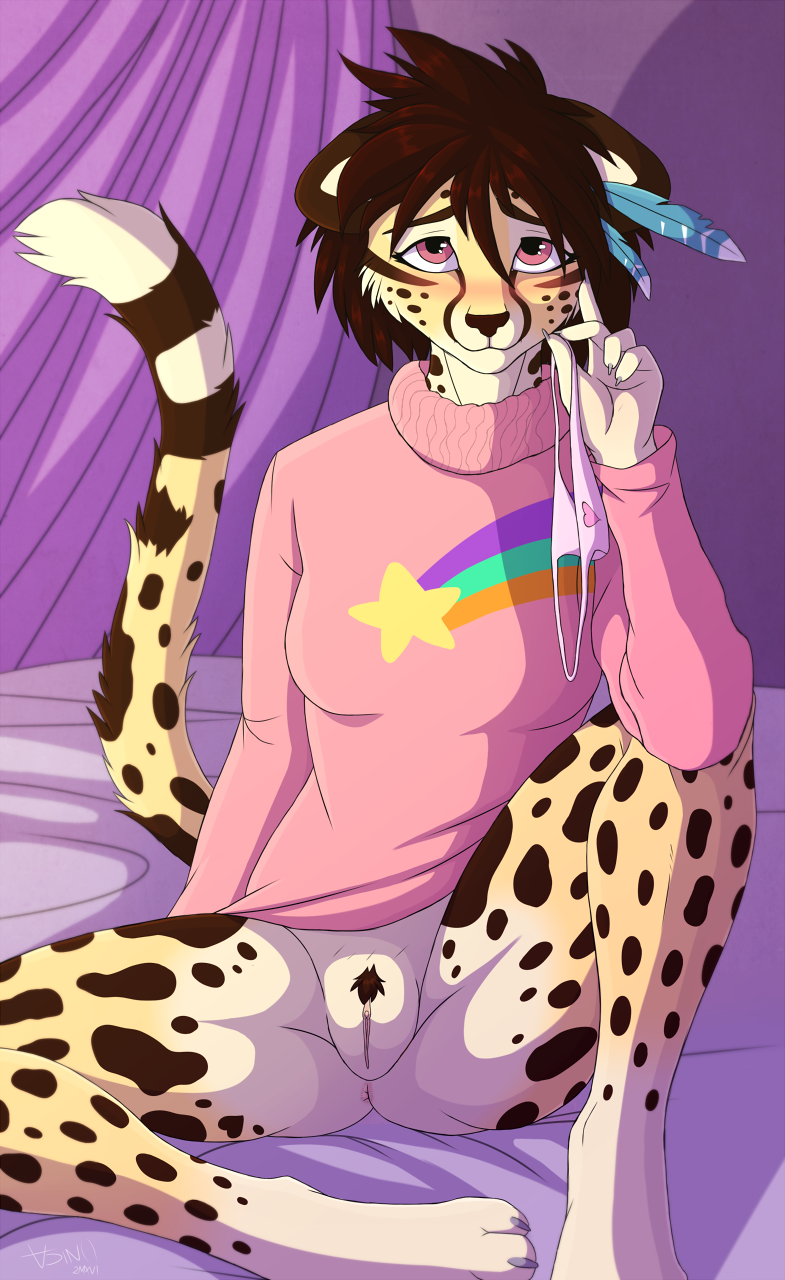 2016 acino_(artist) anthro blush bottomless cheetah clothed clothing feathers feline female looking_at_viewer mammal panties pink_eyes pussy solo spots sweater underwear zenva